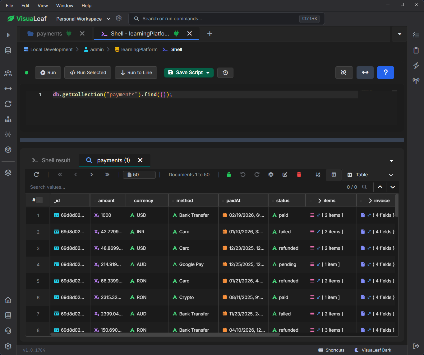 VisuaLeaf MongoDB Shell showing a payment query on the left and results in a visual pane on the right.