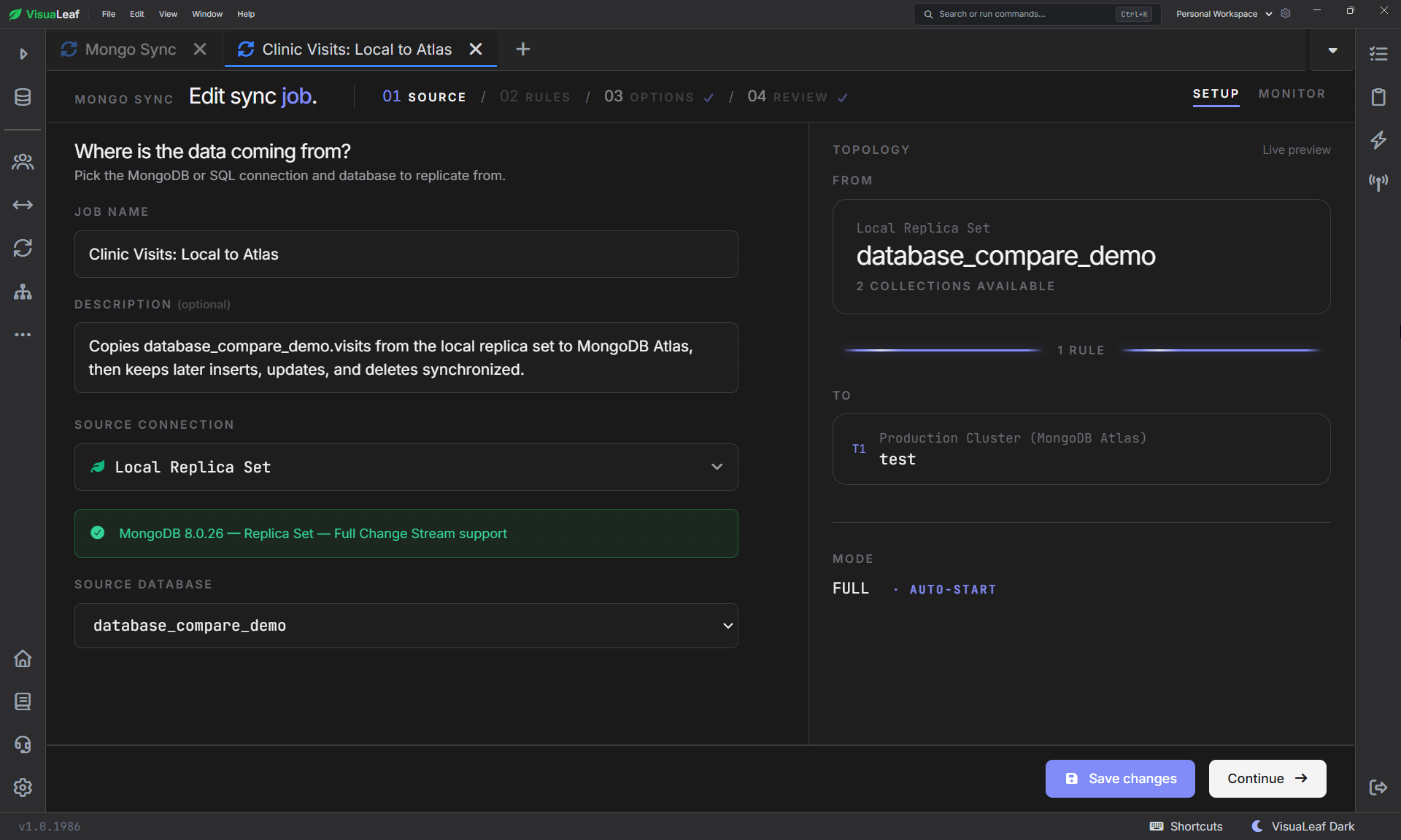The local replica set and `database_compare_demo` database selected as the source.