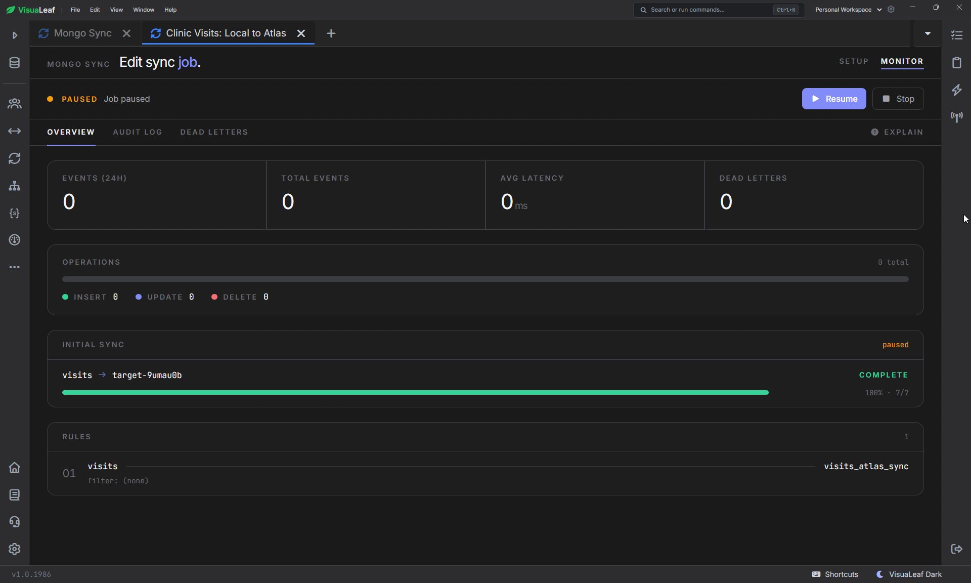 The initial copy is complete and the job is monitoring later changes.
