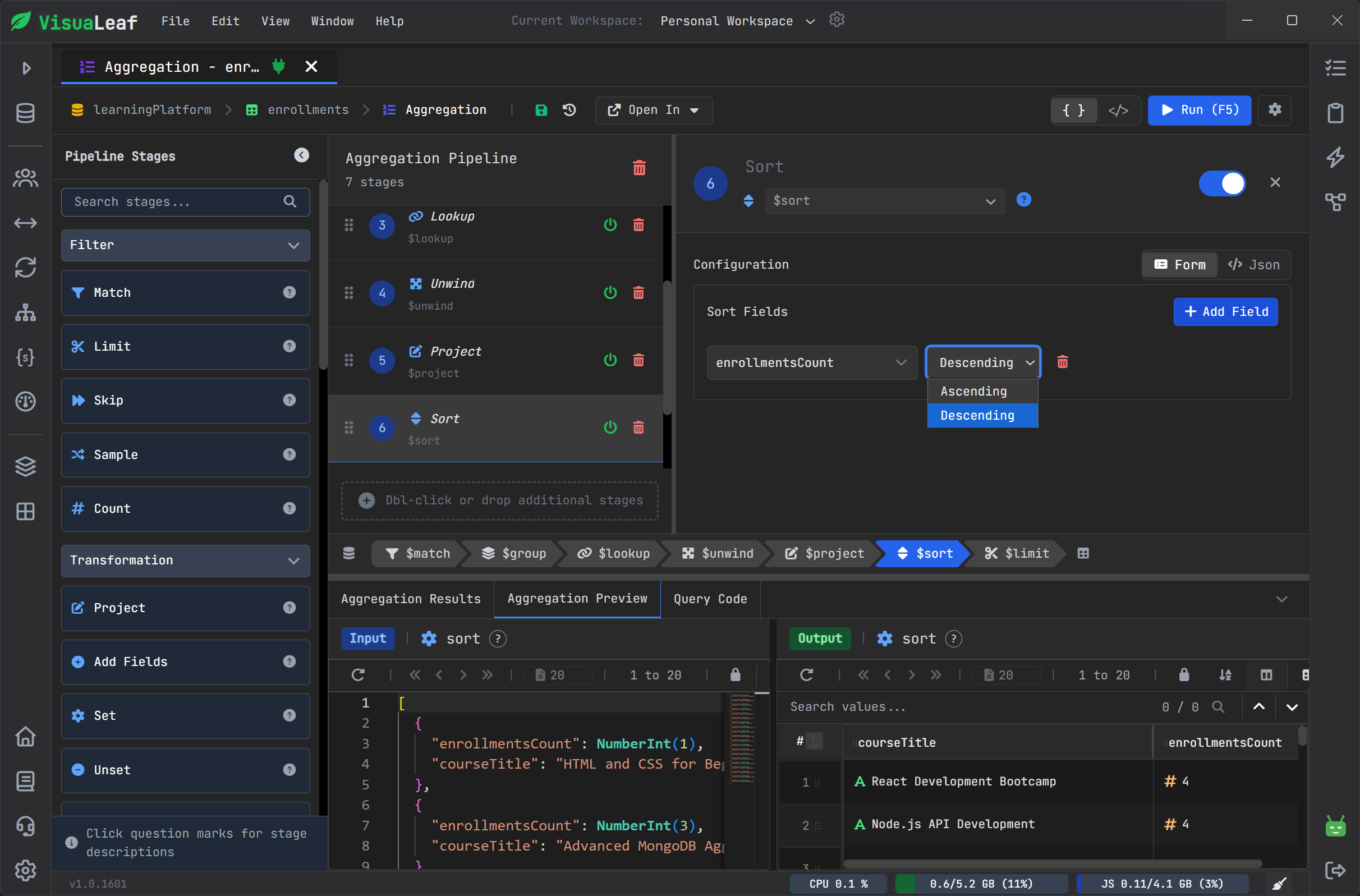 VisuaLeaf MongoDB aggregation pipeline builder with stage-by-stage input and output preview