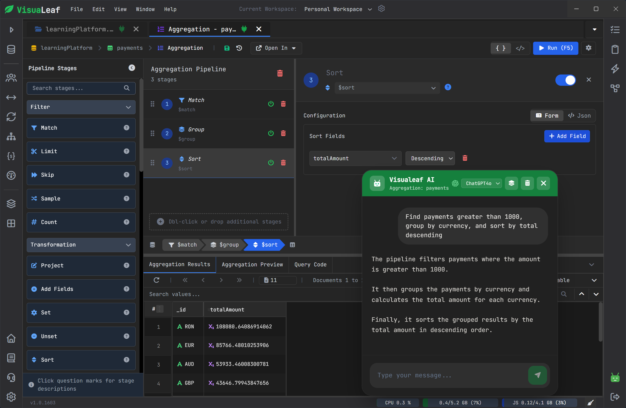 VisuaLeaf AI Assistant generating a MongoDB aggregation pipeline inside the visual pipeline builder.