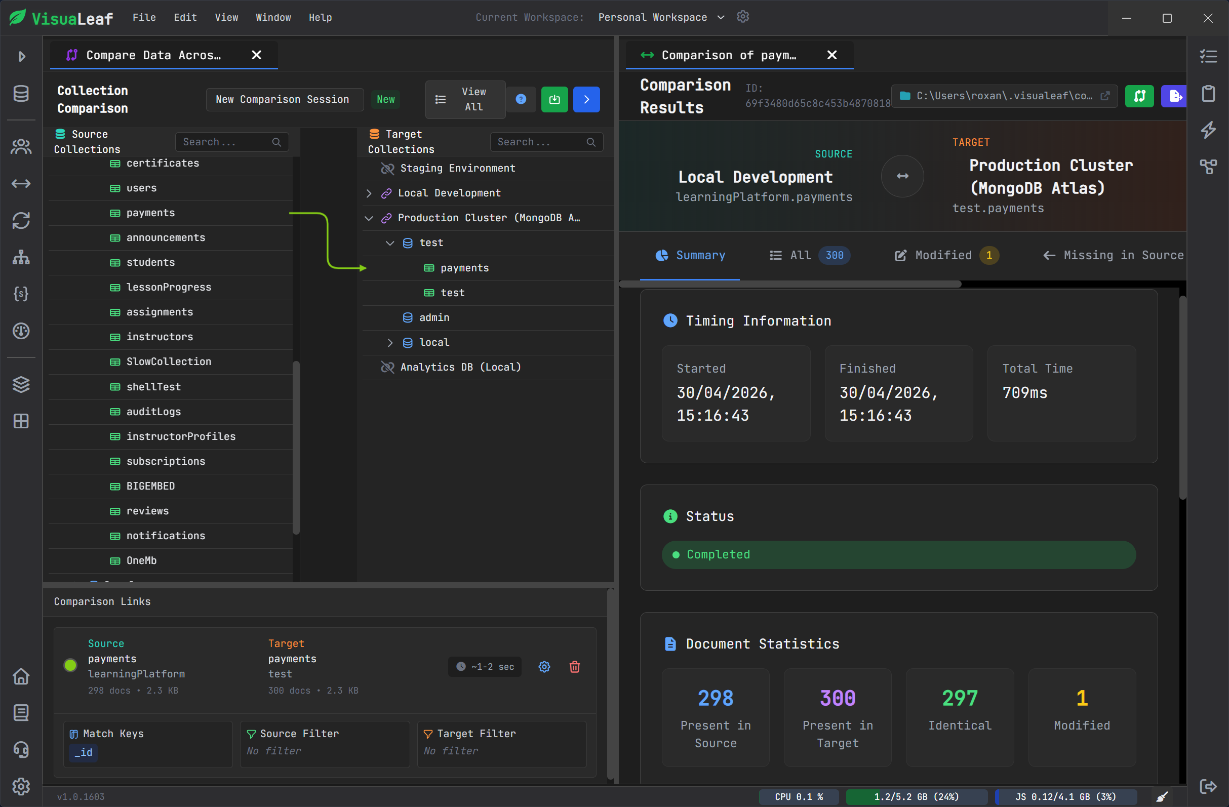 VisuaLeaf MongoDB collection compare showing missing and modified documents between environments