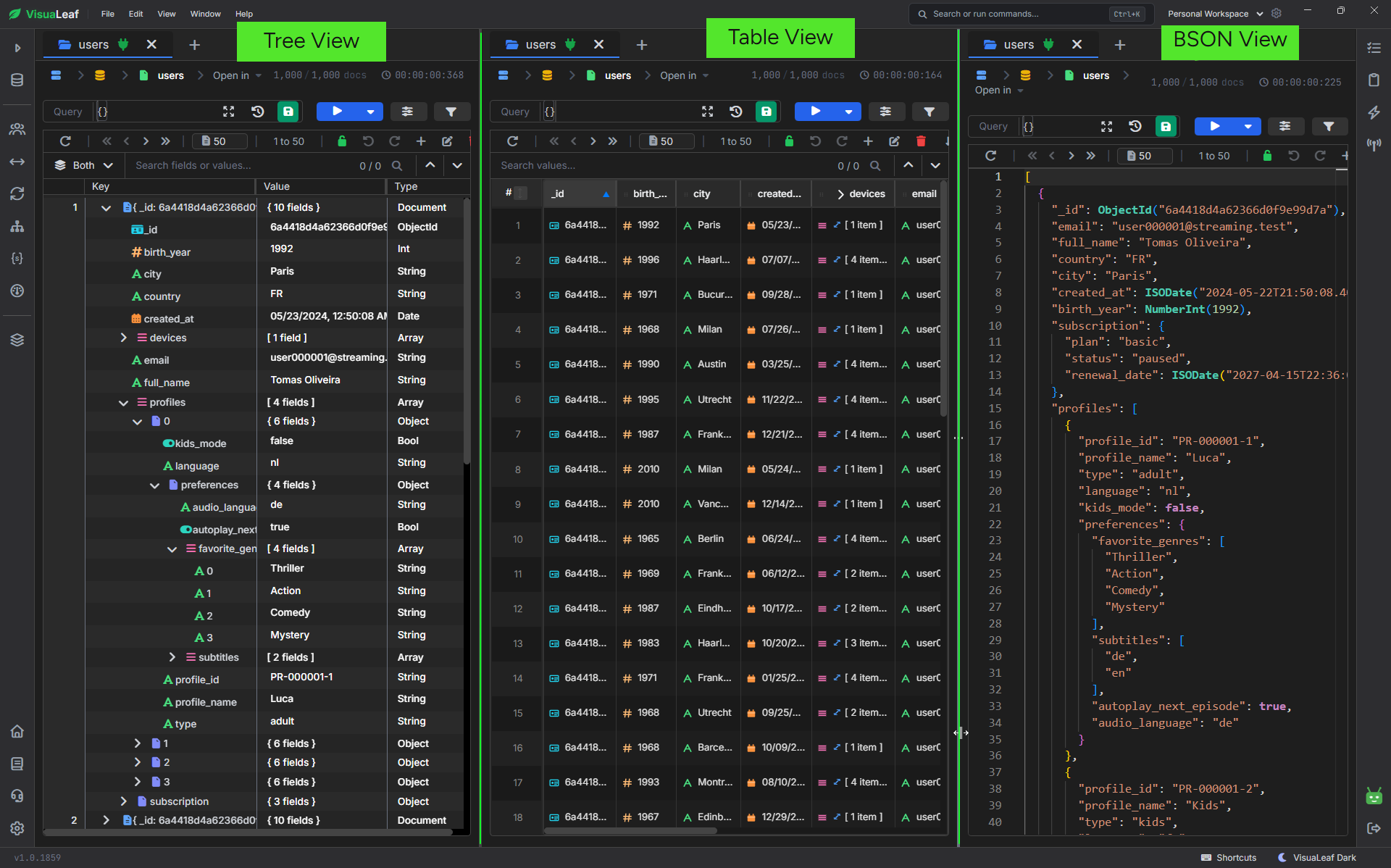 VisuaLeaf MongoDB collection browser showing documents in tree, table, JSON, and BSON views