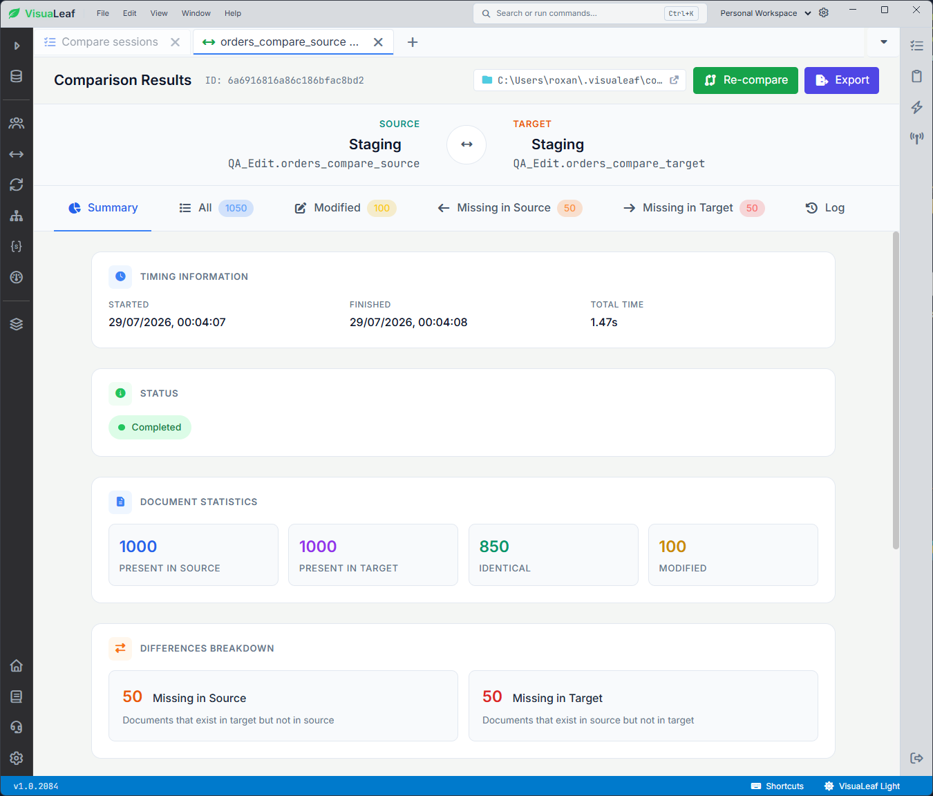 VisuaLeaf comparison results for two MongoDB collections showing 850 identical documents, 100 modified, 50 missing in source, and 50 missing in target.