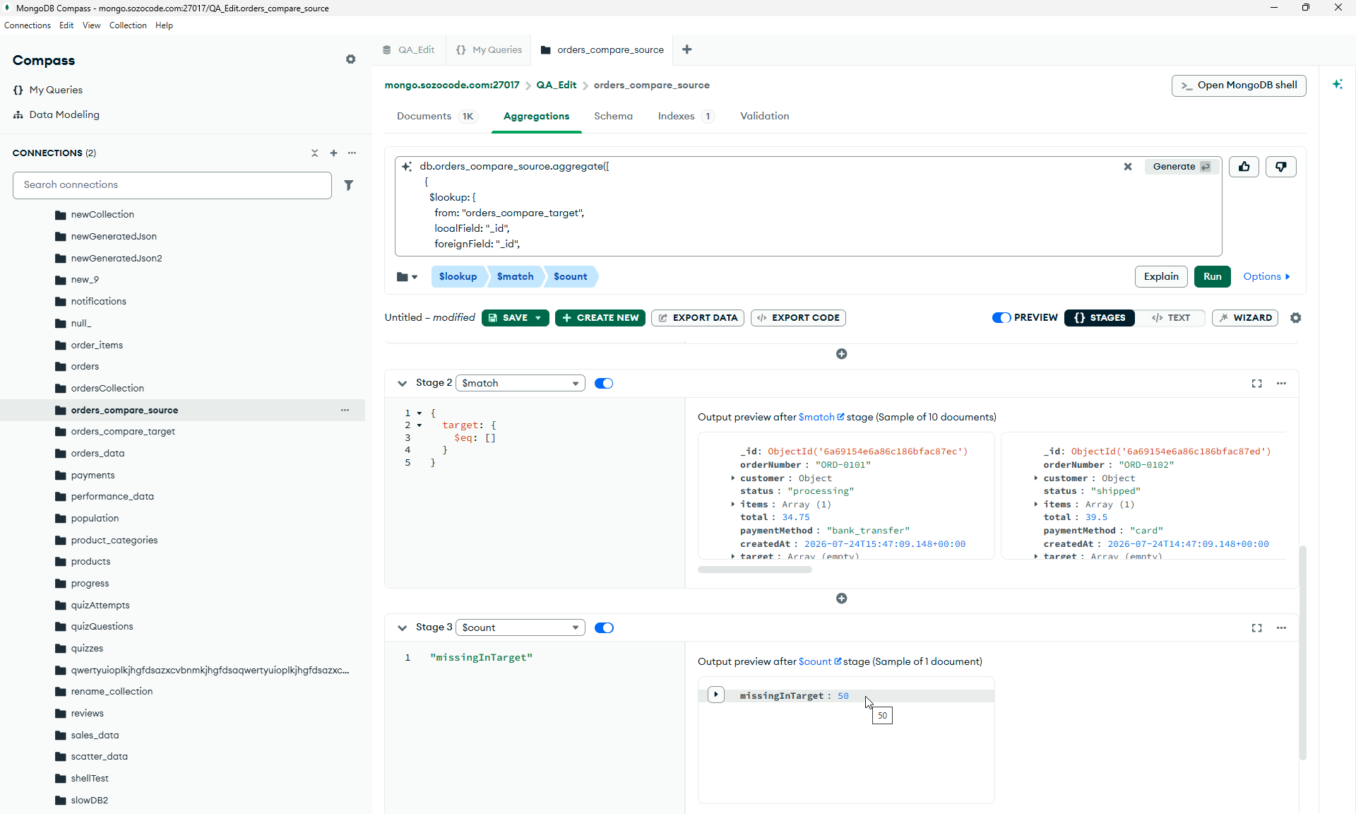 MongoDB Compass pipeline showing 50 documents missing from orders_compare_target.