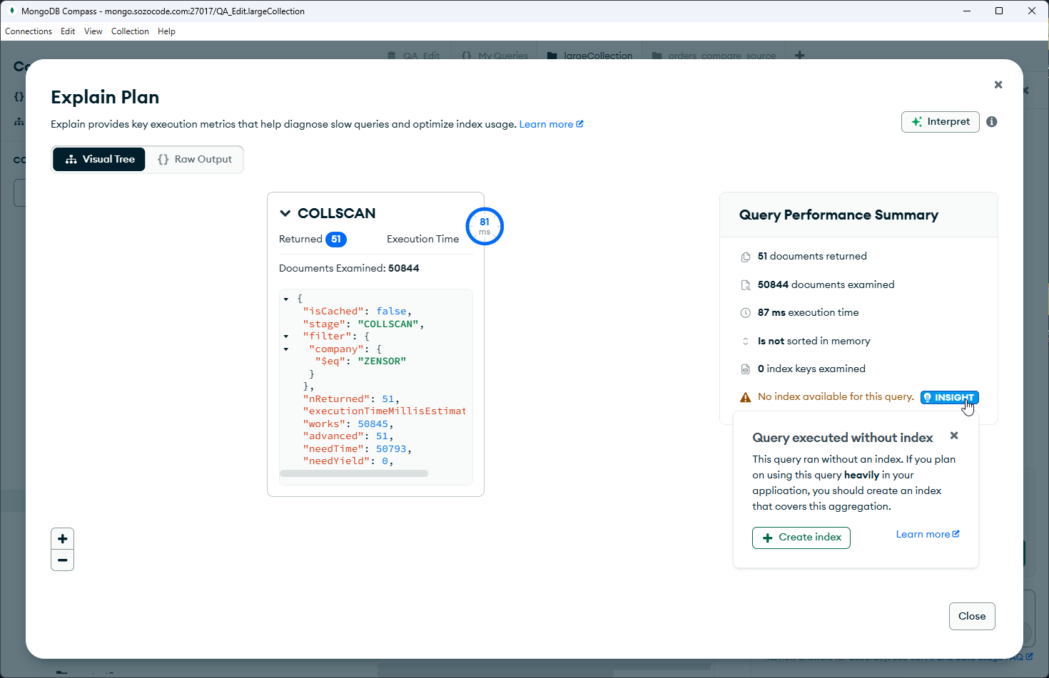 MongoDB Compass Explain Plan showing a collection scan with 50,844 documents examined and 51 returned.