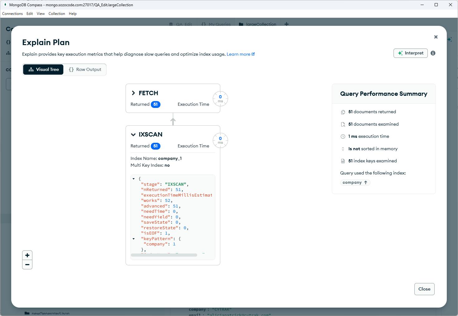 MongoDB Compass Explain Plan showing an index scan with 51 documents and 51 index keys examined.