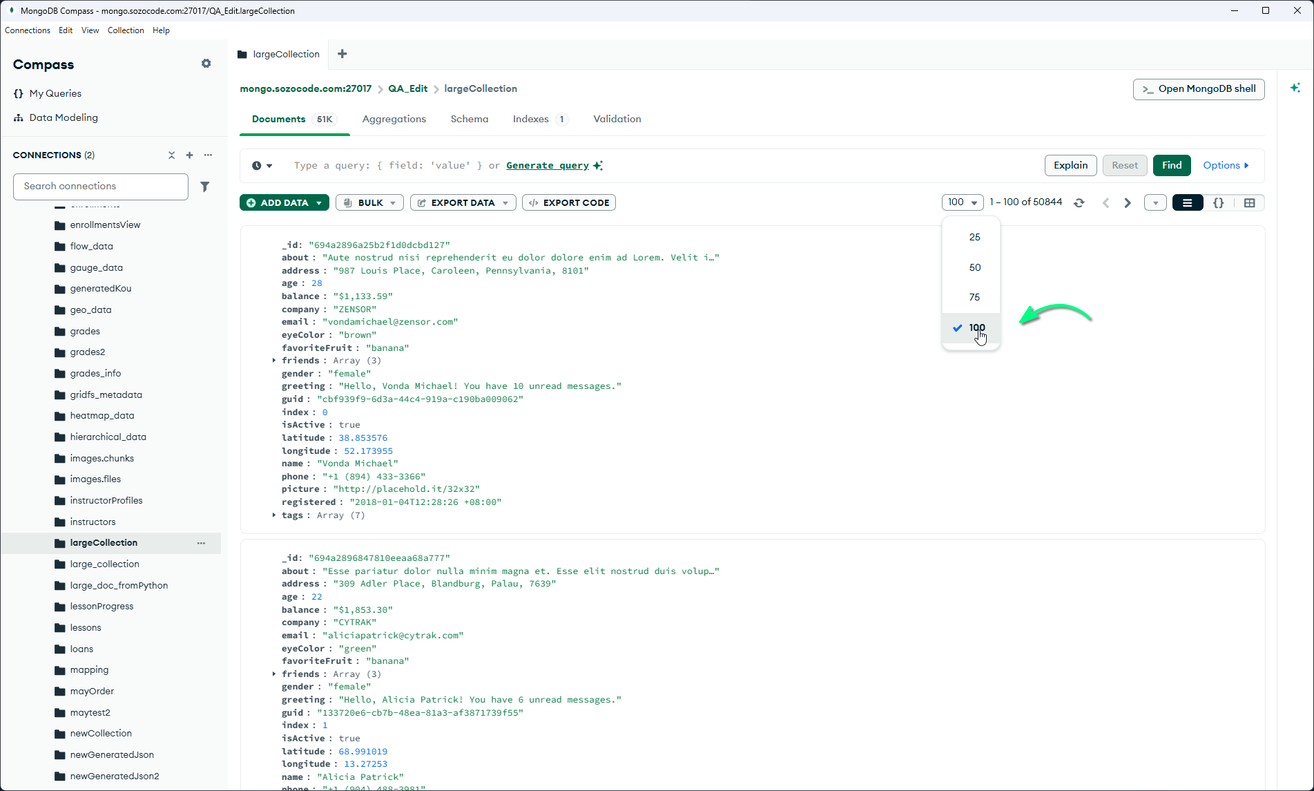 MongoDB Compass showing documents 1–100 of 50,844 with page-size options up to 100.