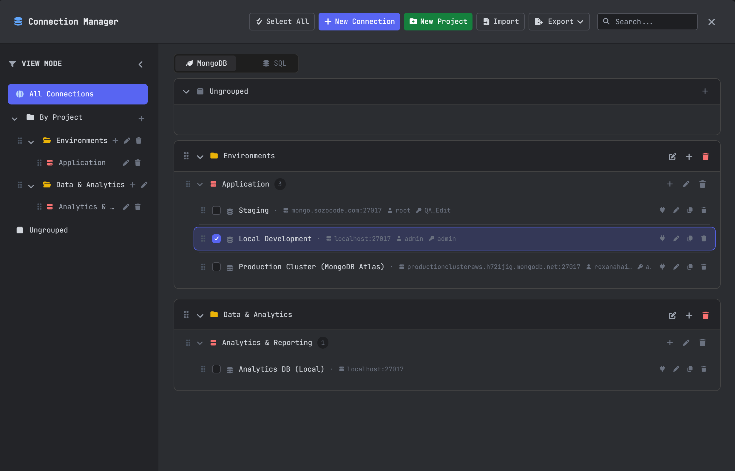 VisuaLeaf Connection Manager showing MongoDB connections inside the workspace