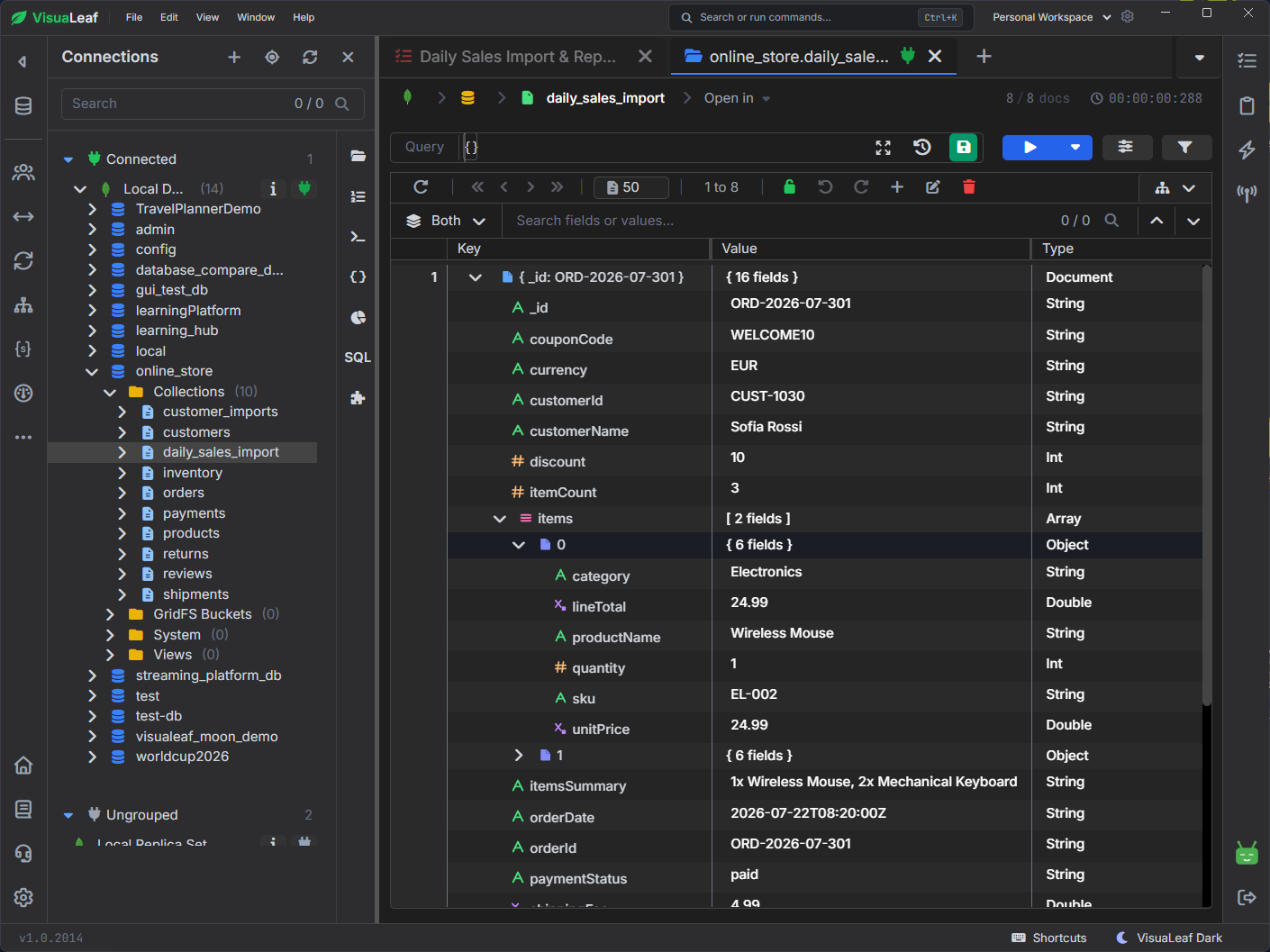 VisuaLeaf showing the daily_sales_import MongoDB collection with one imported order document expanded, including fields such as customerId, customerName, items, itemsSummary, and orderDate.