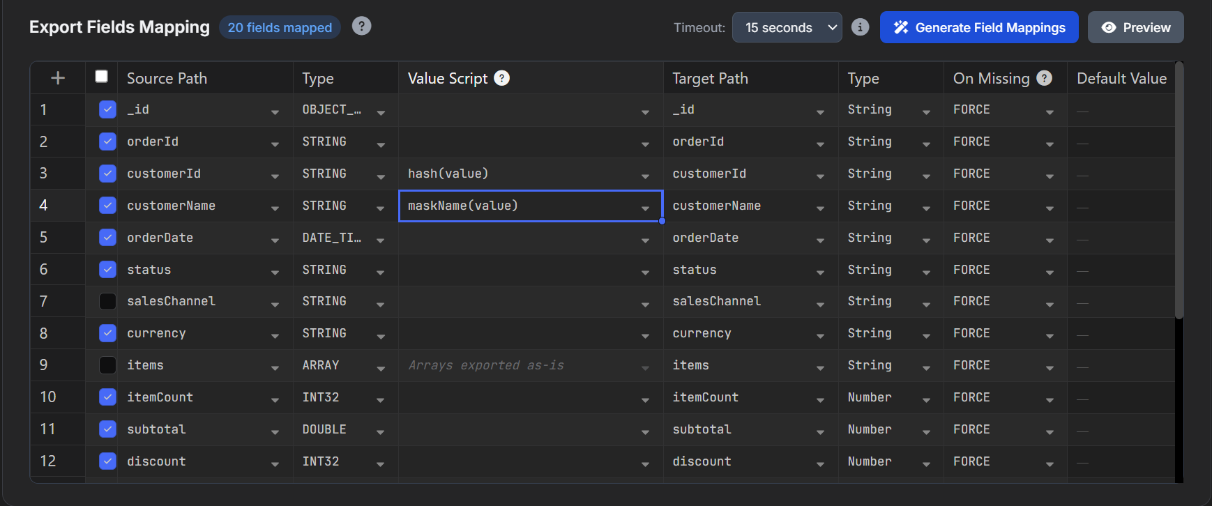 VisuaLeaf export mappings with hash(value) and maskName(value) applied.