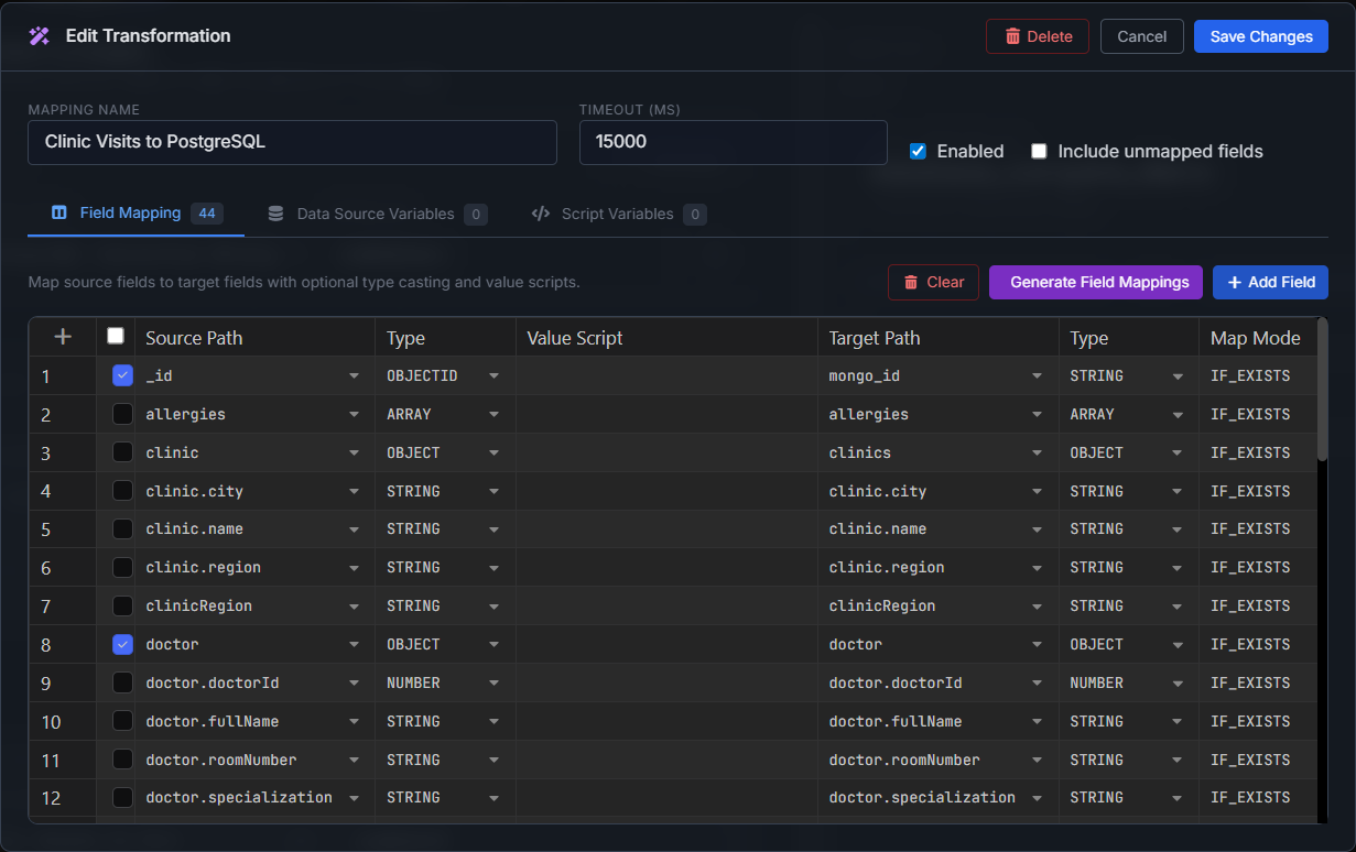 VisuaLeaf field mapping table for MongoDB to PostgreSQL sync.