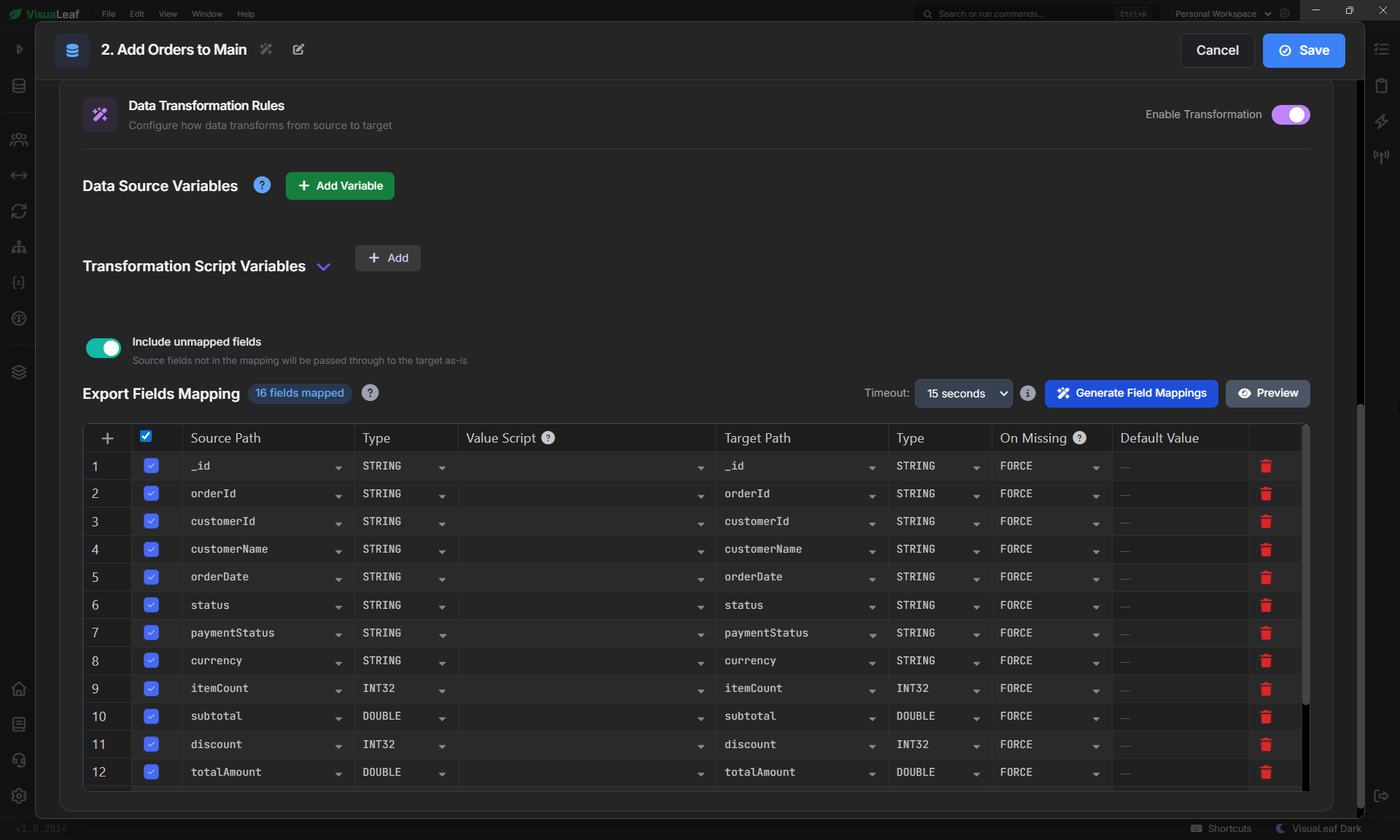 VisuaLeaf field mappings for a MongoDB copy job.