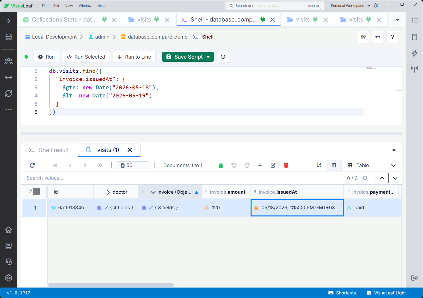 MongoDB Shell query in VisuaLeaf using $gte and $lt with new Date() to find invoices issued on May 18, 2026, with the matching result shown in Table View.