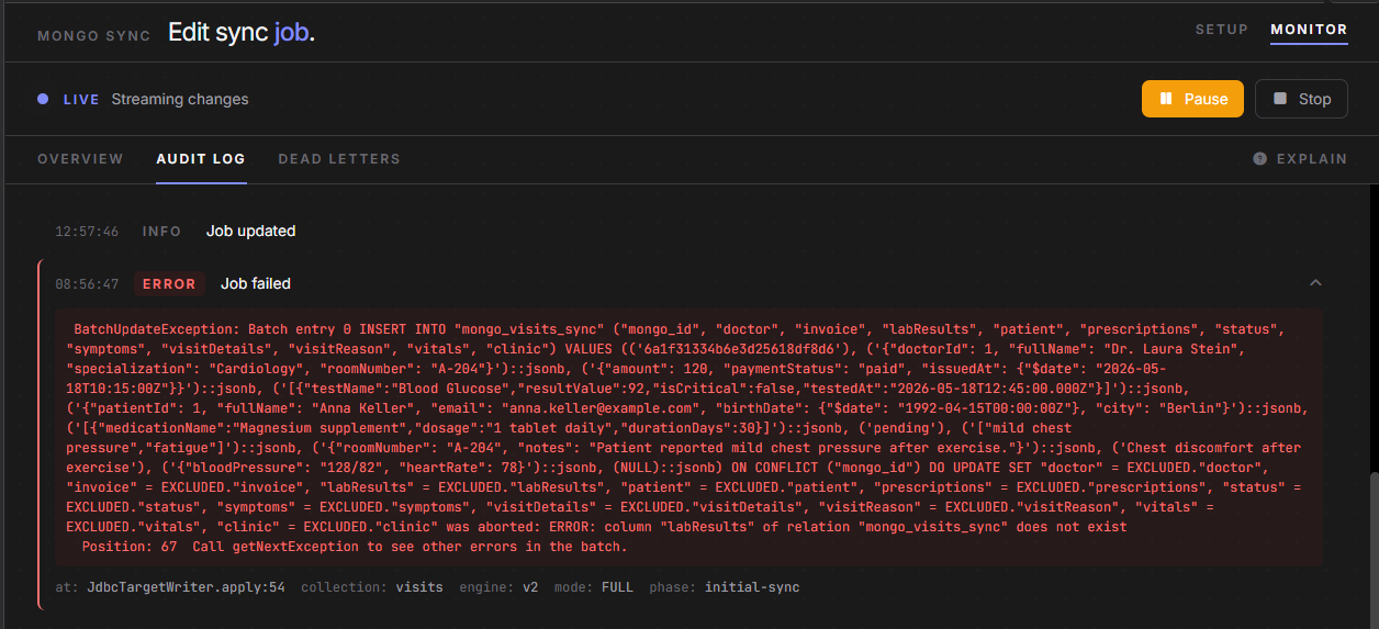 VisuaLeaf Mongo Sync audit log showing a PostgreSQL column name mismatch error for labResults.