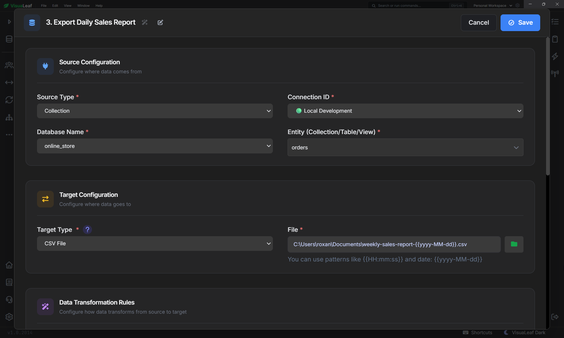VisuaLeaf export job from MongoDB orders collection to a weekly CSV report.
