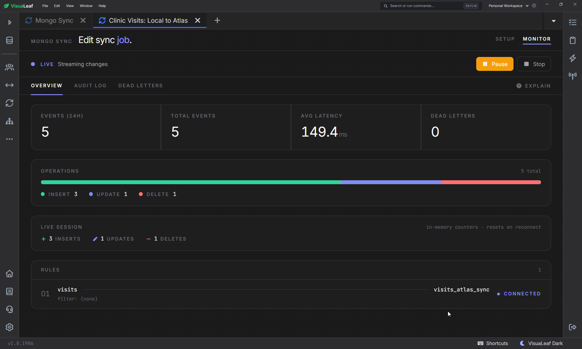 VisuaLeaf Mongo Sync monitor showing live inserts, updates, and deletes.