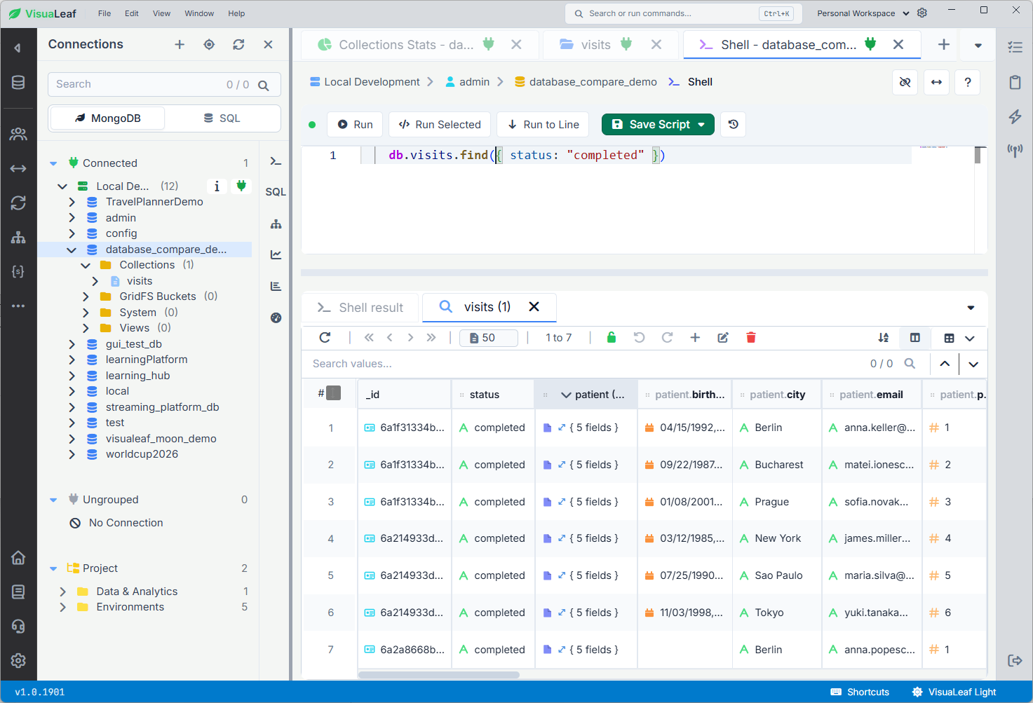 MongoDB query examples showing common mistakes with $or, $in, arrays, dates, and text search in VisuaLeaf.
