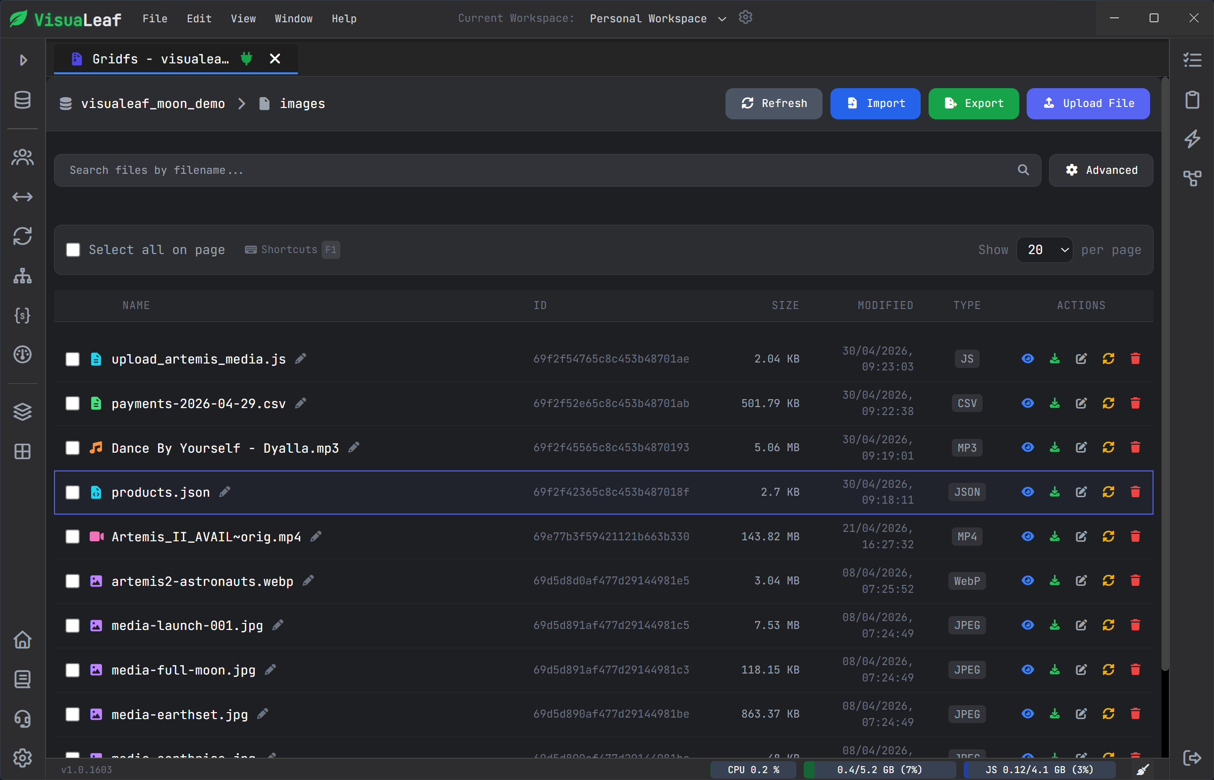 VisuaLeaf GridFS Viewer showing files stored in MongoDB GridFS