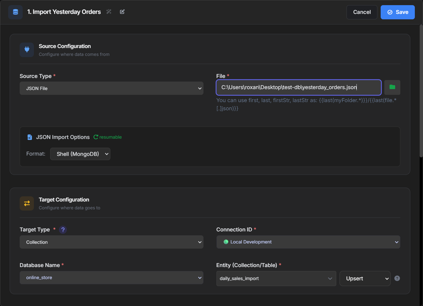 VisuaLeaf Task Manager import job configured to load a JSON file into the online_store.daily_sales_import MongoDB collection.