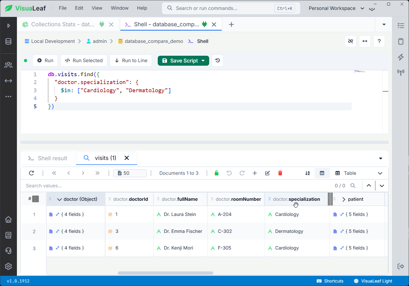 MongoDB Shell query using $in to search visits by multiple values in the same field, with results shown in VisuaLeaf Table View.