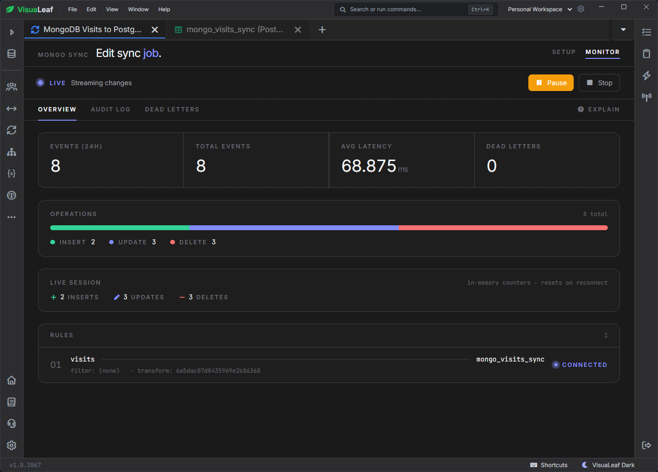 VisuaLeaf Mongo Sync monitor showing live insert update and delete events.