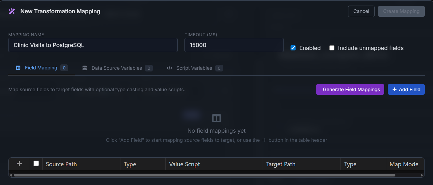 New transformation mapping screen in VisuaLeaf with Generate Field Mappings button.