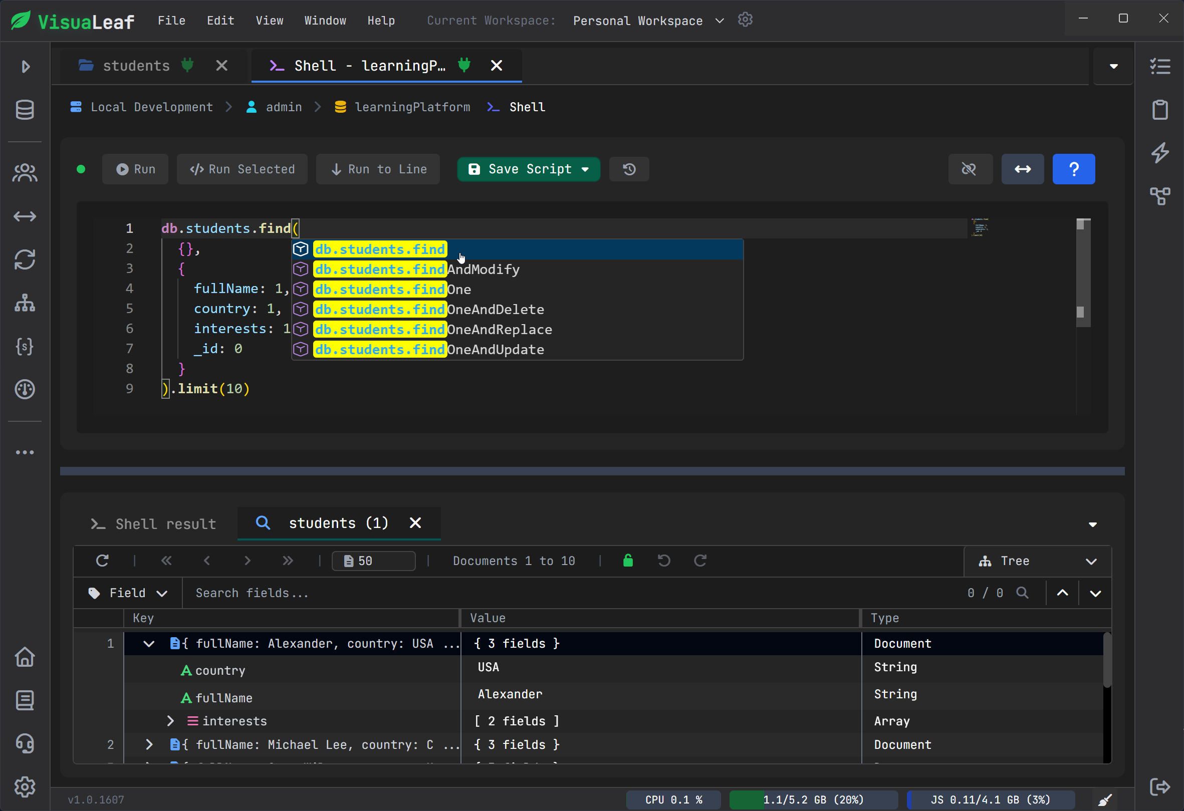VisuaLeaf Mongo Shell with autocomplete, syntax highlighting, and visual results inside the MongoDB workspace.