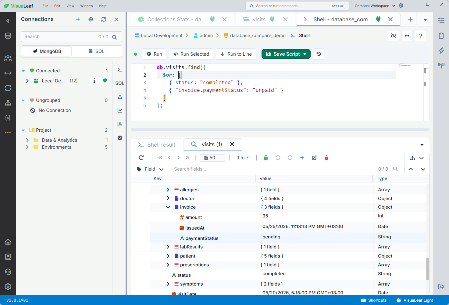 MongoDB Shell query using $or with separate conditions, showing matching visit records in VisuaLeaf Table View.