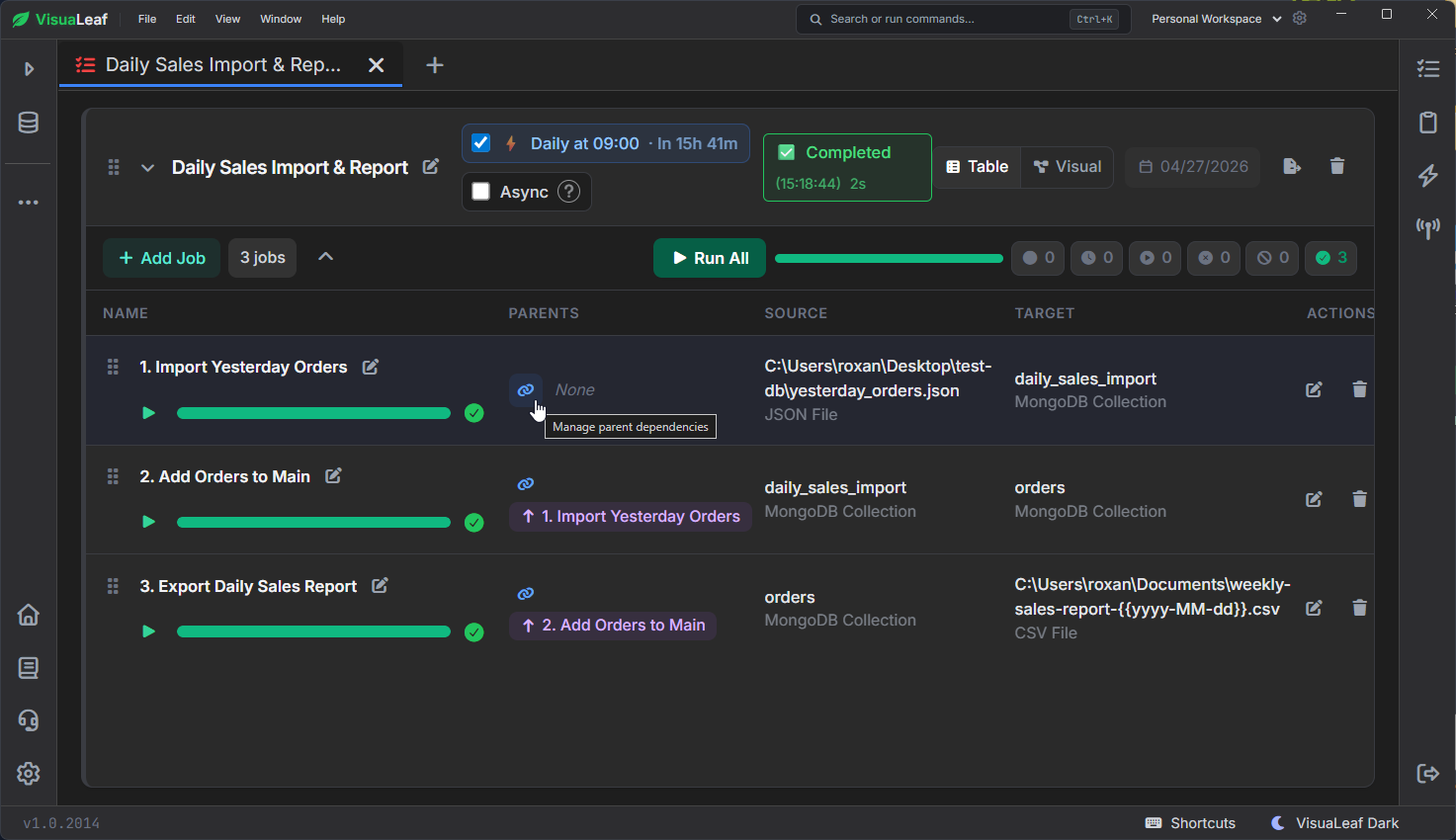 VisuaLeaf Task Manager table view showing a daily MongoDB workflow where the import job has no parent, the copy job depends on the import, and the CSV export depends on the copy job.