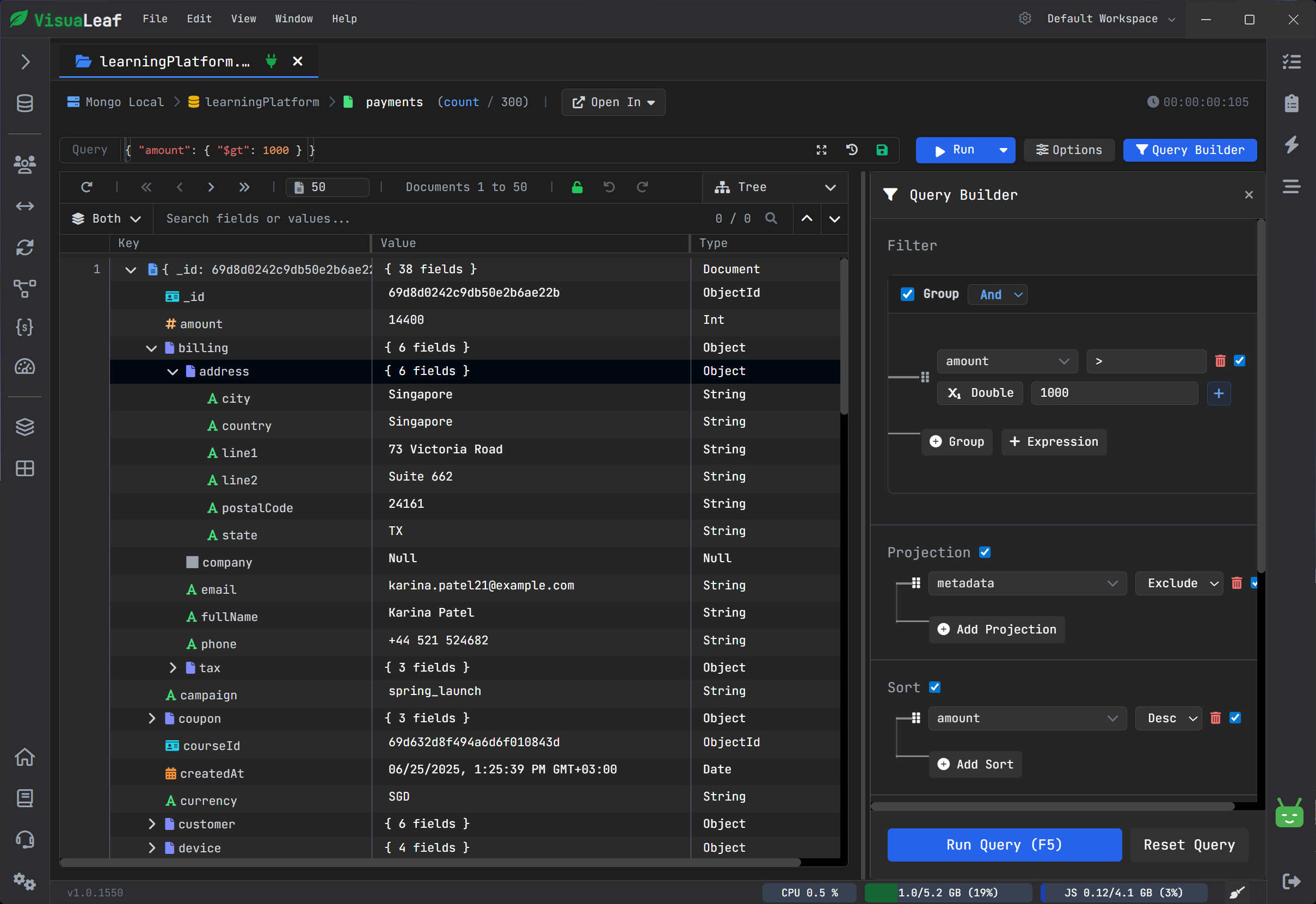 VisuaLeaf visual MongoDB query builder with filters, sorting, projection, limit, and generated query