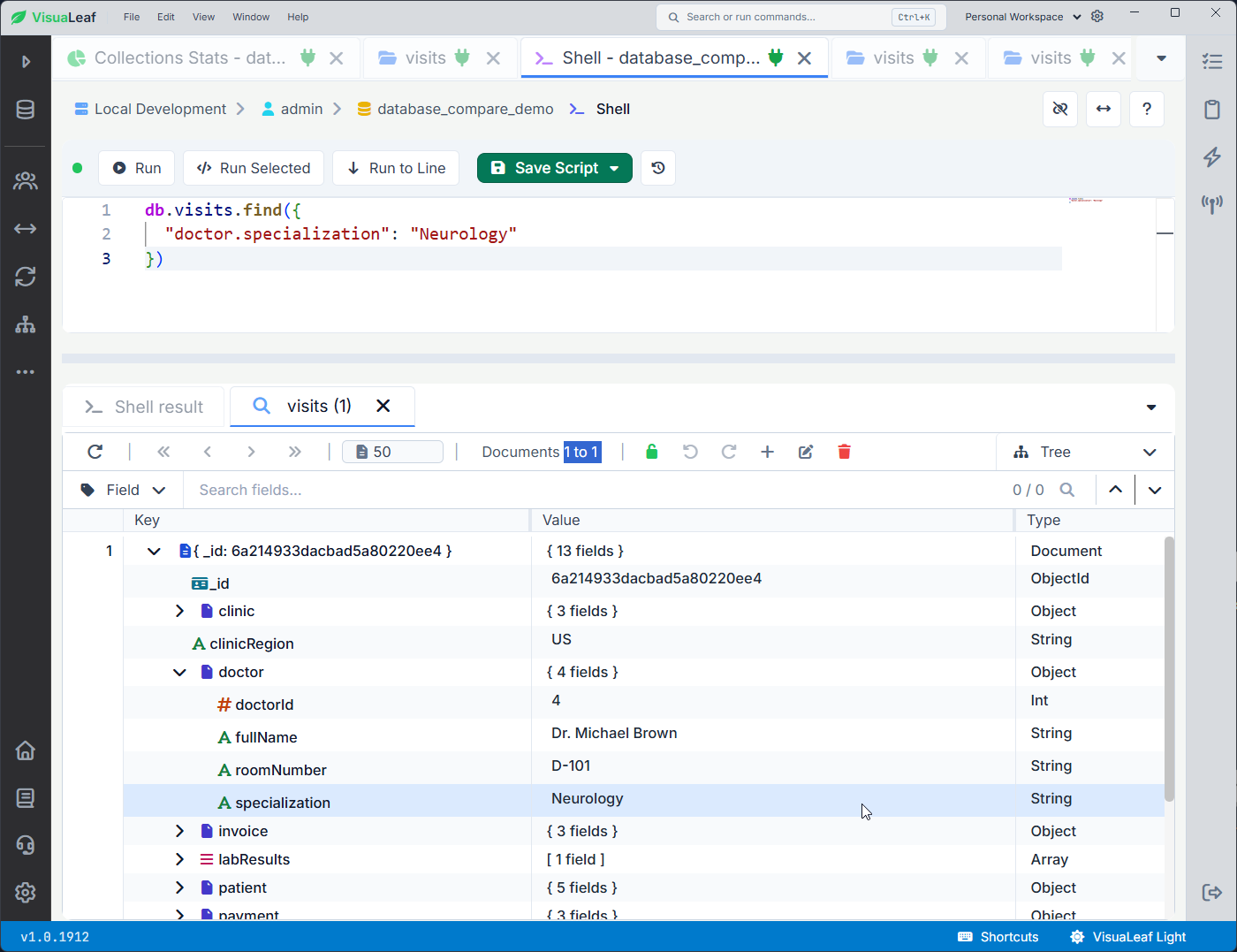 MongoDB query for a nested doctor.specialization field shown in VisuaLeaf Tree View.