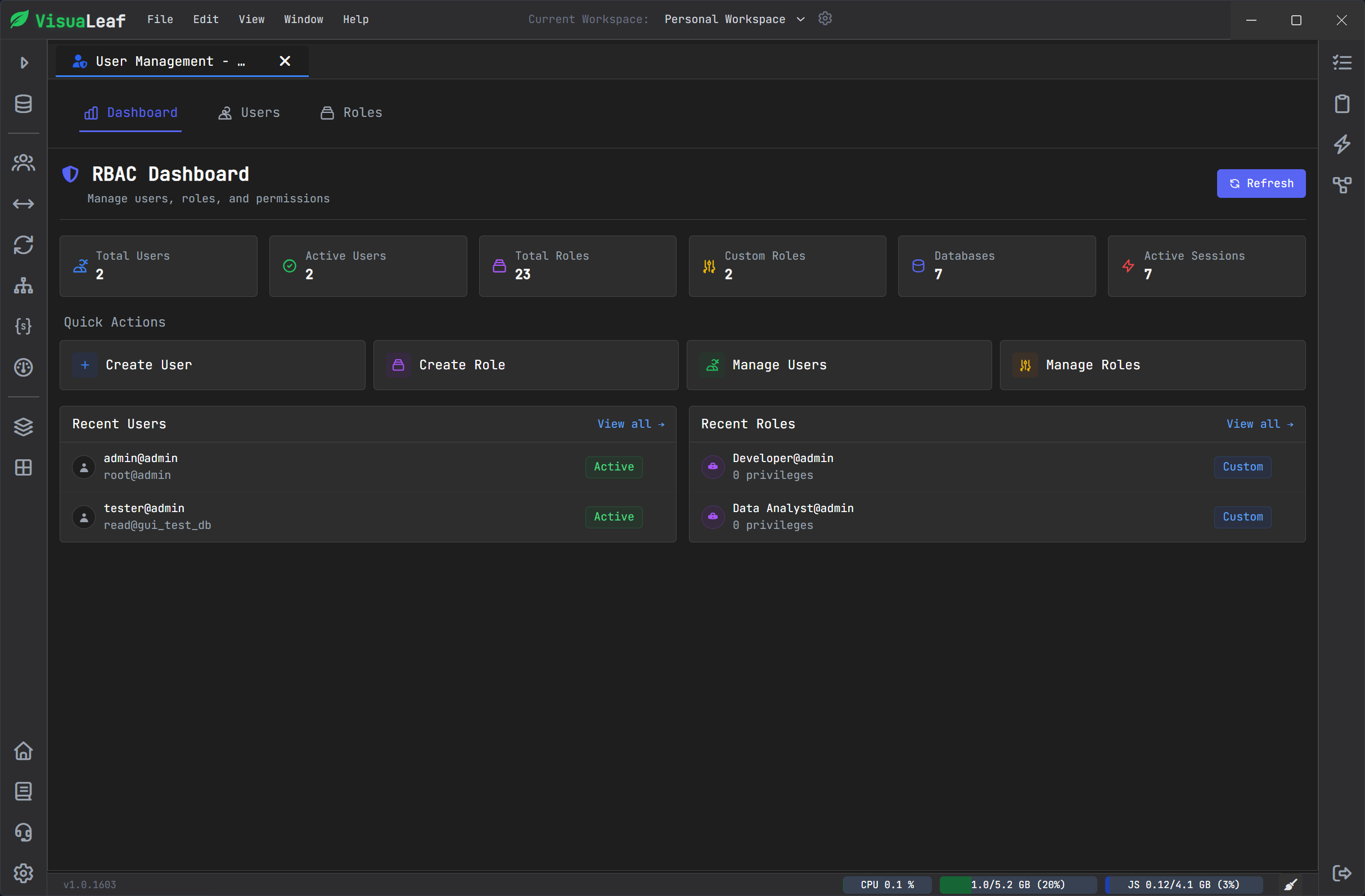 VisuaLeaf RBAC Dashboard showing MongoDB users, roles, and permissions