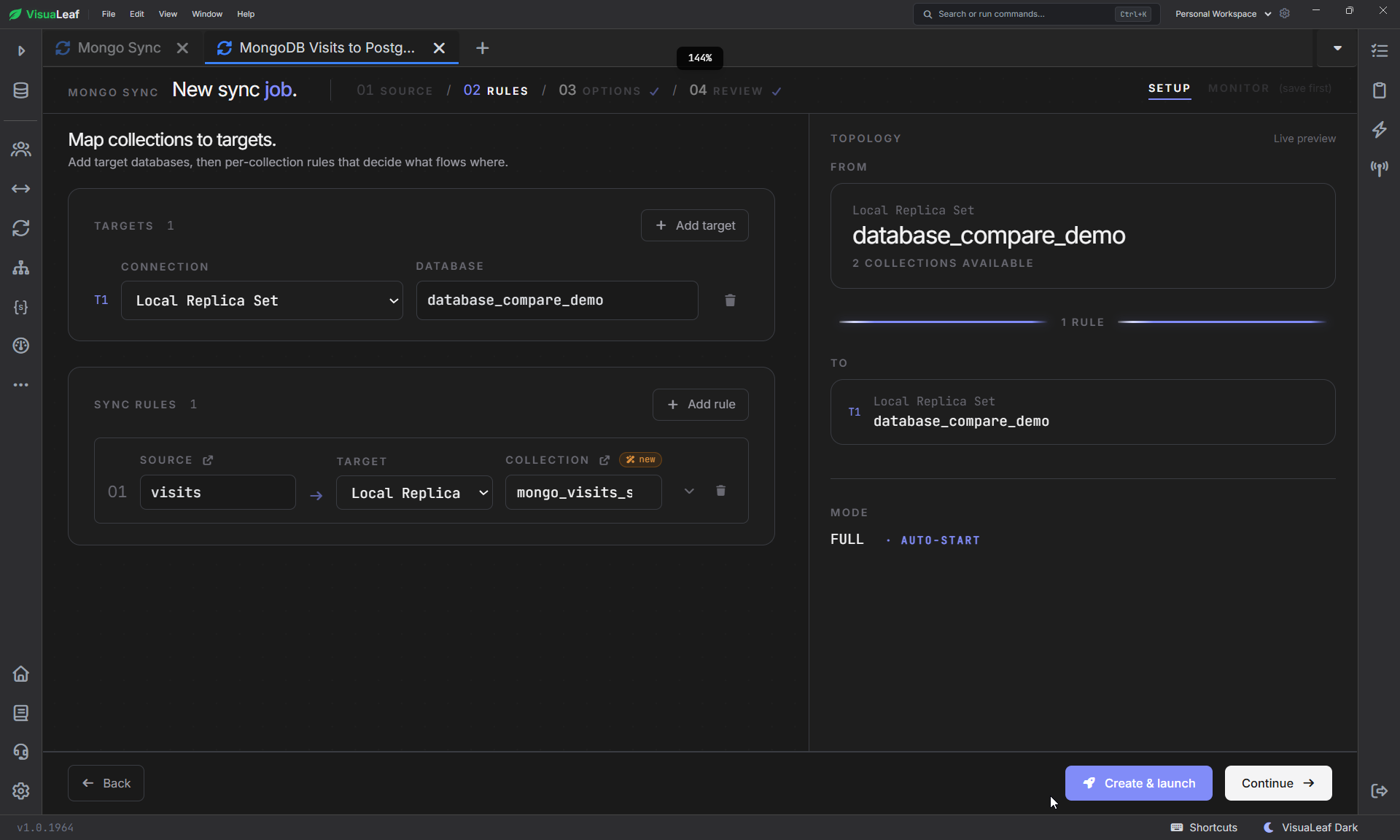 VisuaLeaf Mongo Sync rules screen mapping visits to a target table.