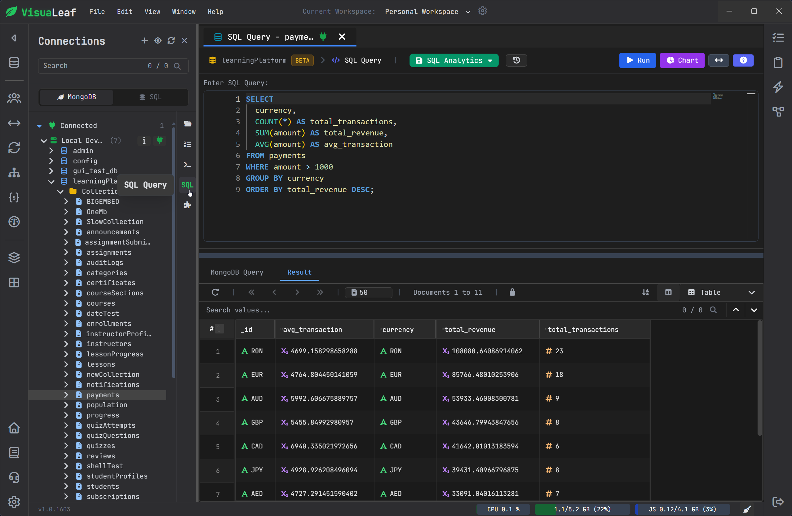VisuaLeaf SQL Mode for querying MongoDB data with a SQL-style workflow