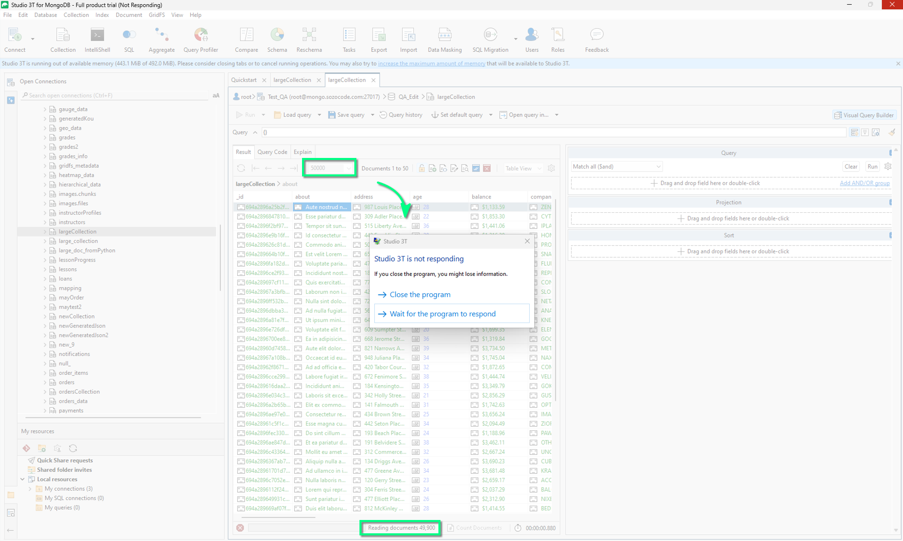 Studio 3T showing a not responding message while reading documents from a MongoDB collection.