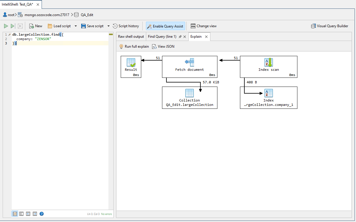 Studio 3T Visual Explain showing an index scan using company_1 and examining 51 documents.
