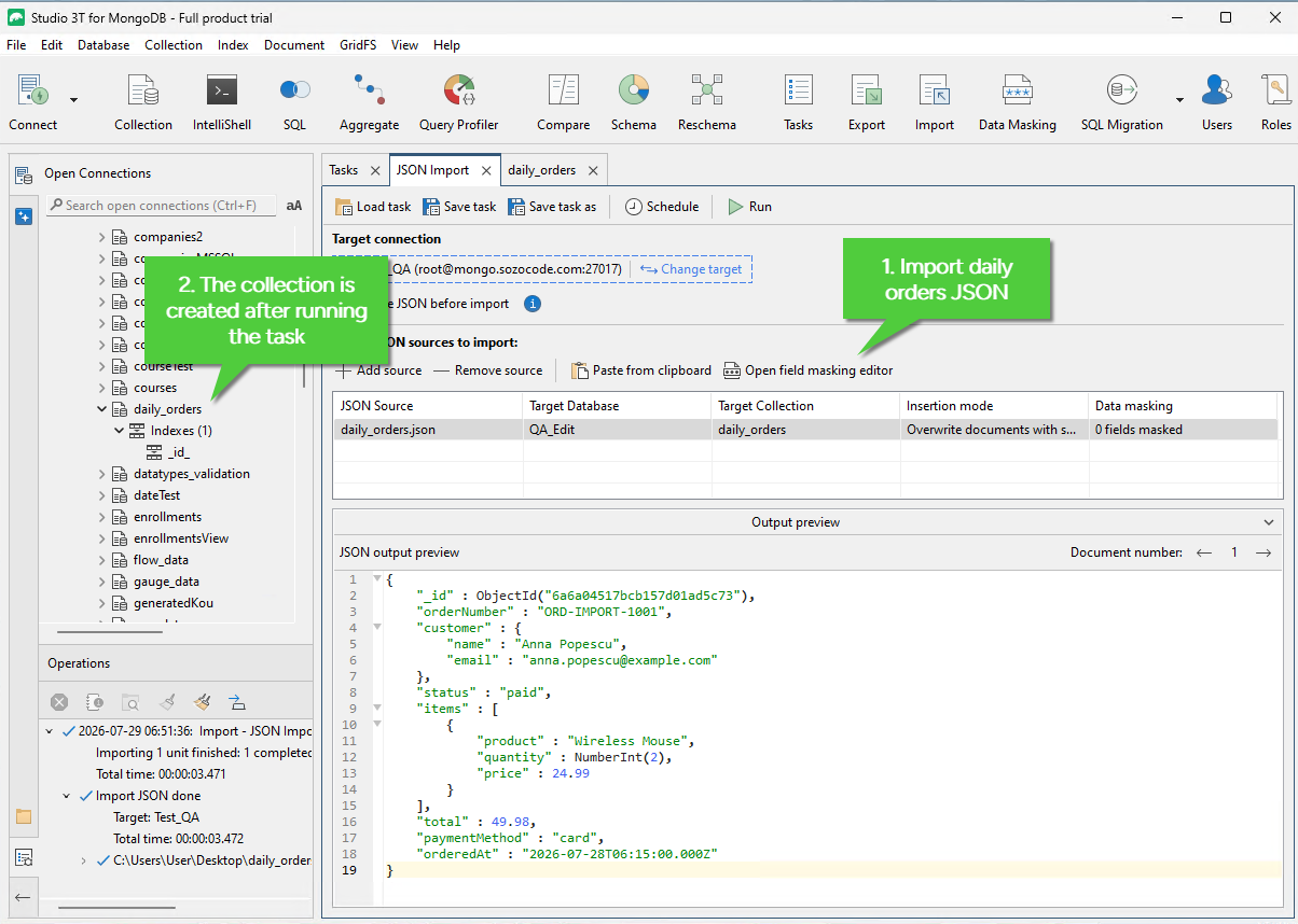 Build a connected workflow: import to staging, then continue with the next task