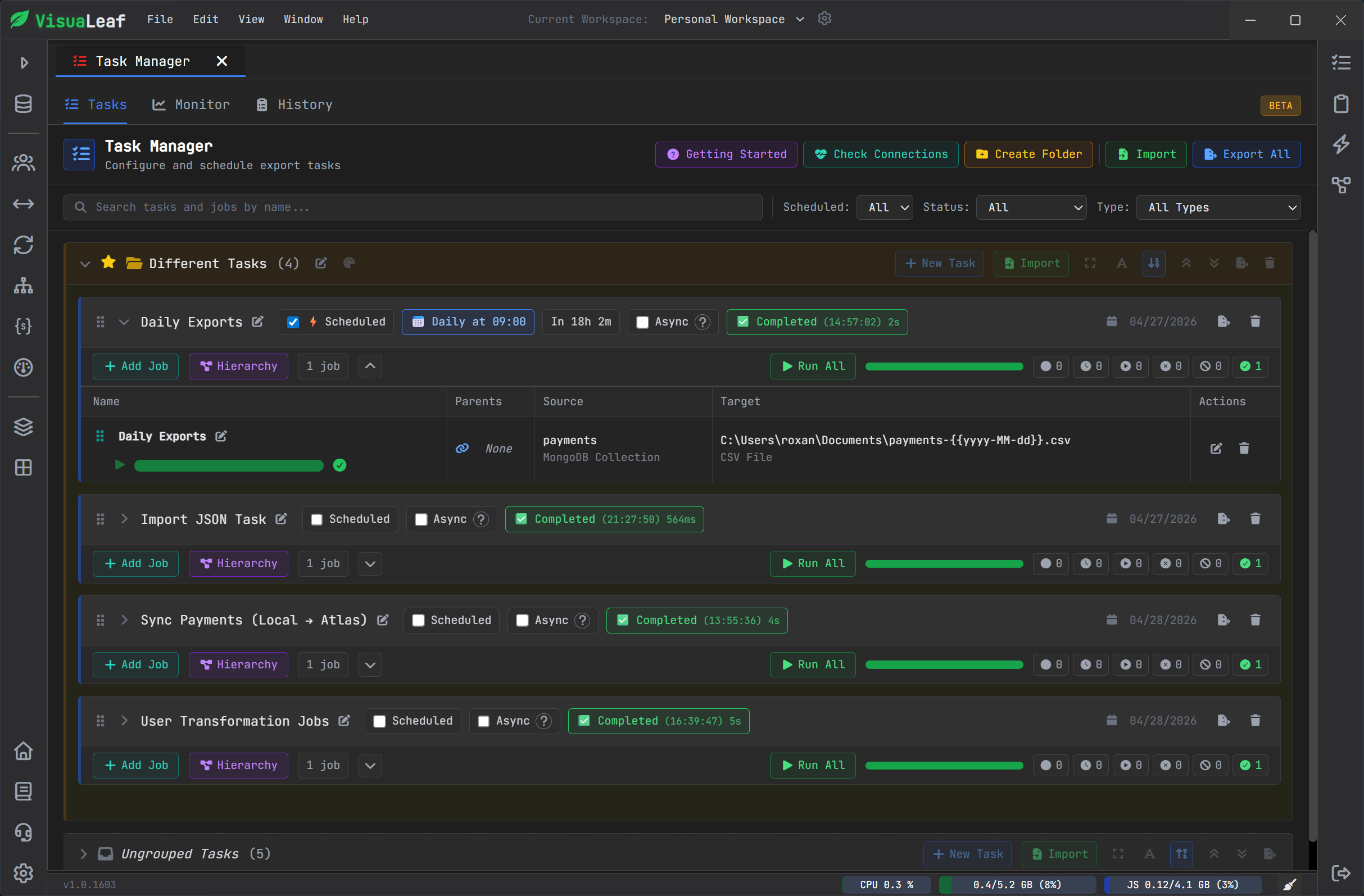 VisuaLeaf MongoDB Task Manager showing automated tasks inside the workspace.