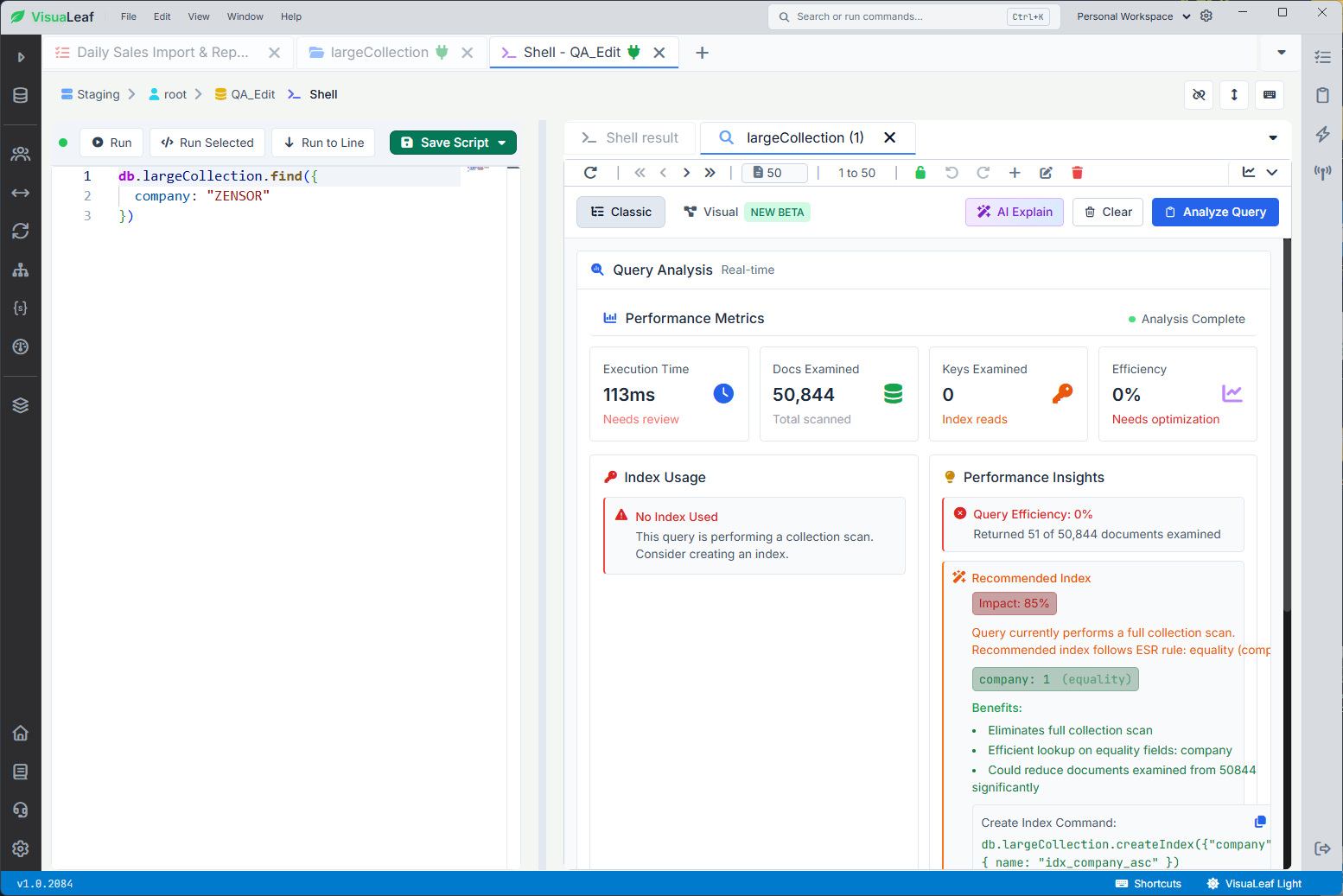 VisuaLeaf Query Profiler showing a collection scan with 50,844 documents examined and 51 returned.