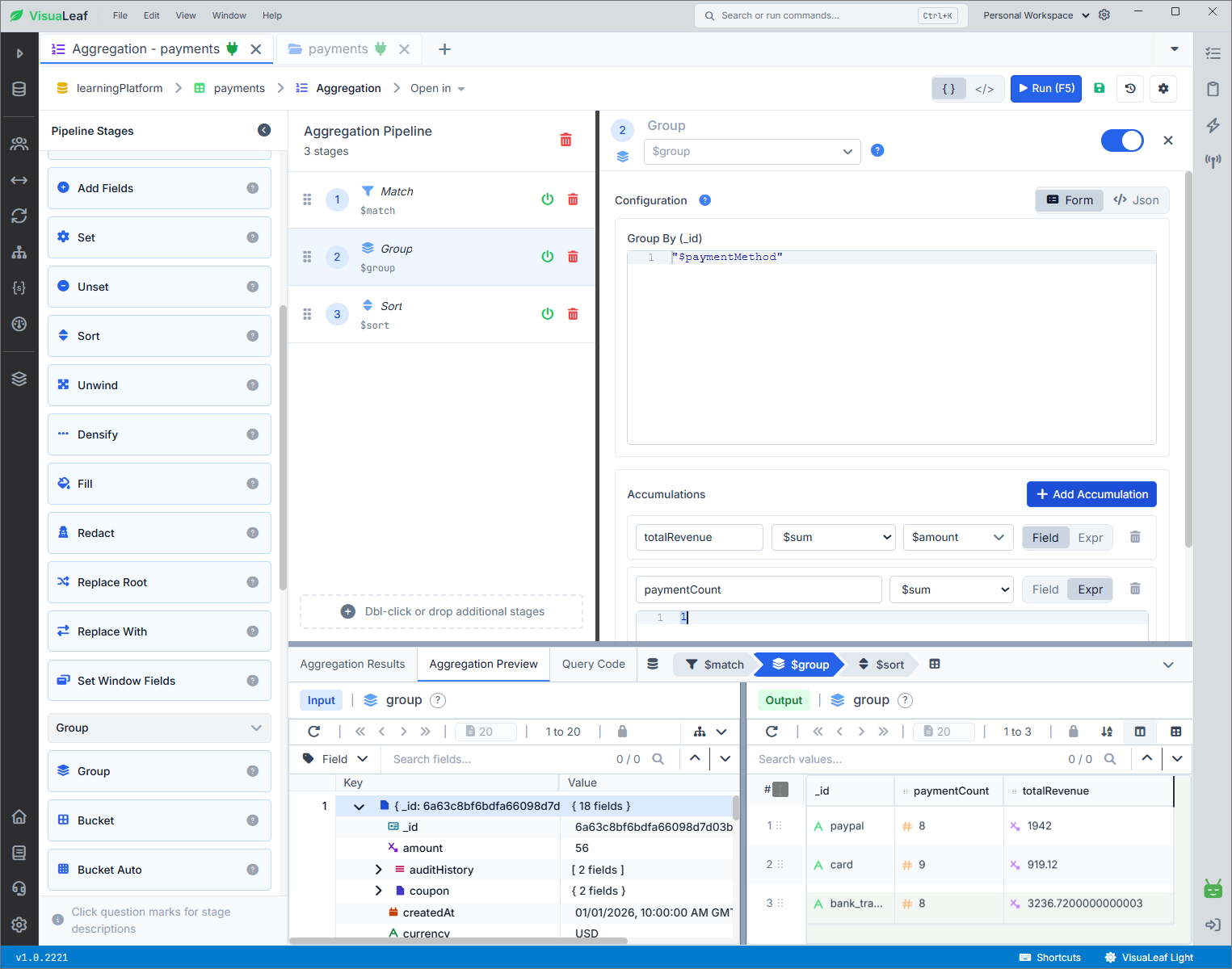VisuaLeaf visual MongoDB aggregation pipeline with match, group, and sort stages showing payment counts and total revenue by payment method.