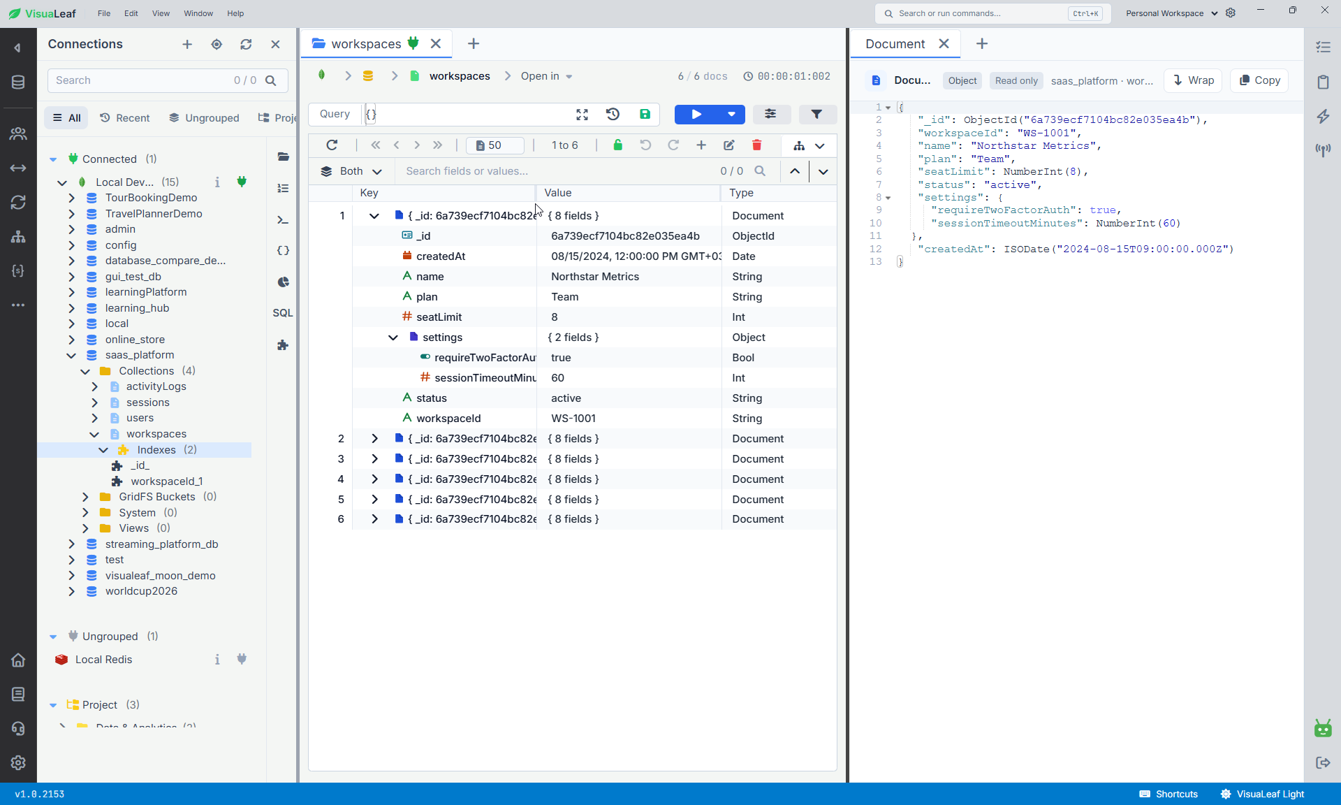 VisuaLeaf showing the saas_platform MongoDB database with workspaces, users, sessions, and activityLogs collections, alongside an open workspace document.