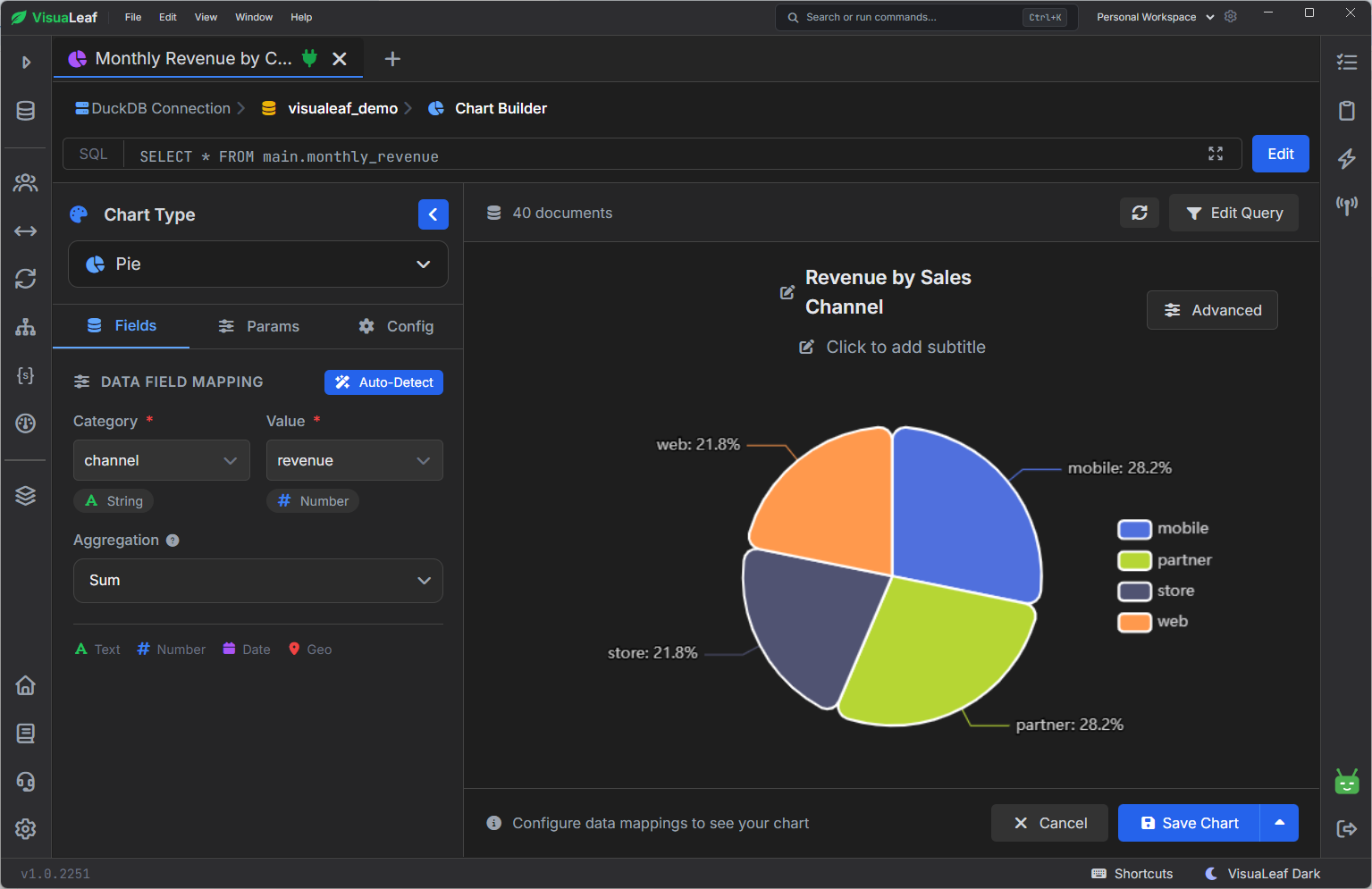 Pie chart in VisuaLeaf showing DuckDB revenue grouped by sales channel.