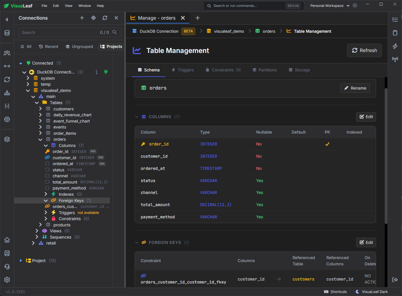 DuckDB orders table structure and foreign key displayed in VisuaLeaf