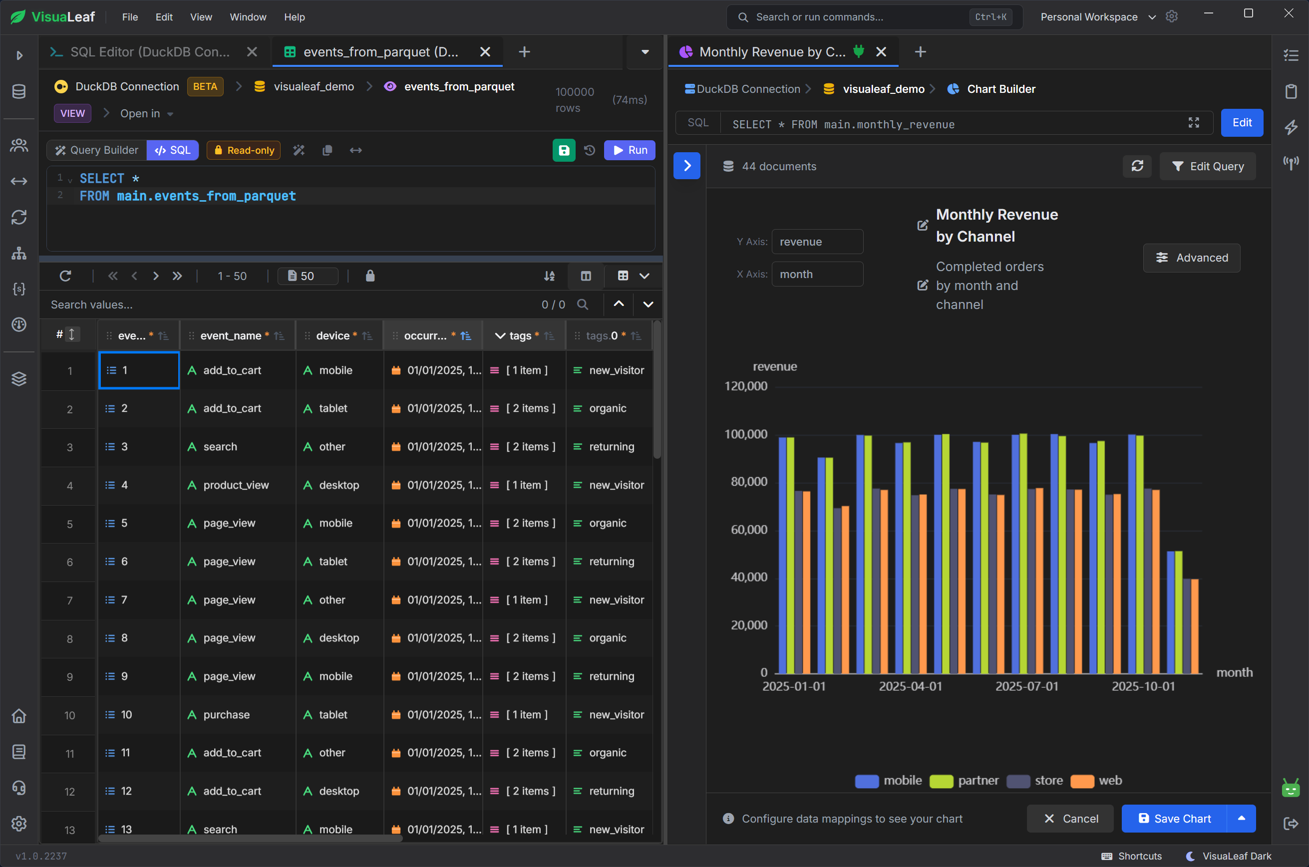 DuckDB data and monthly revenue chart displayed in VisuaLeaf Split View