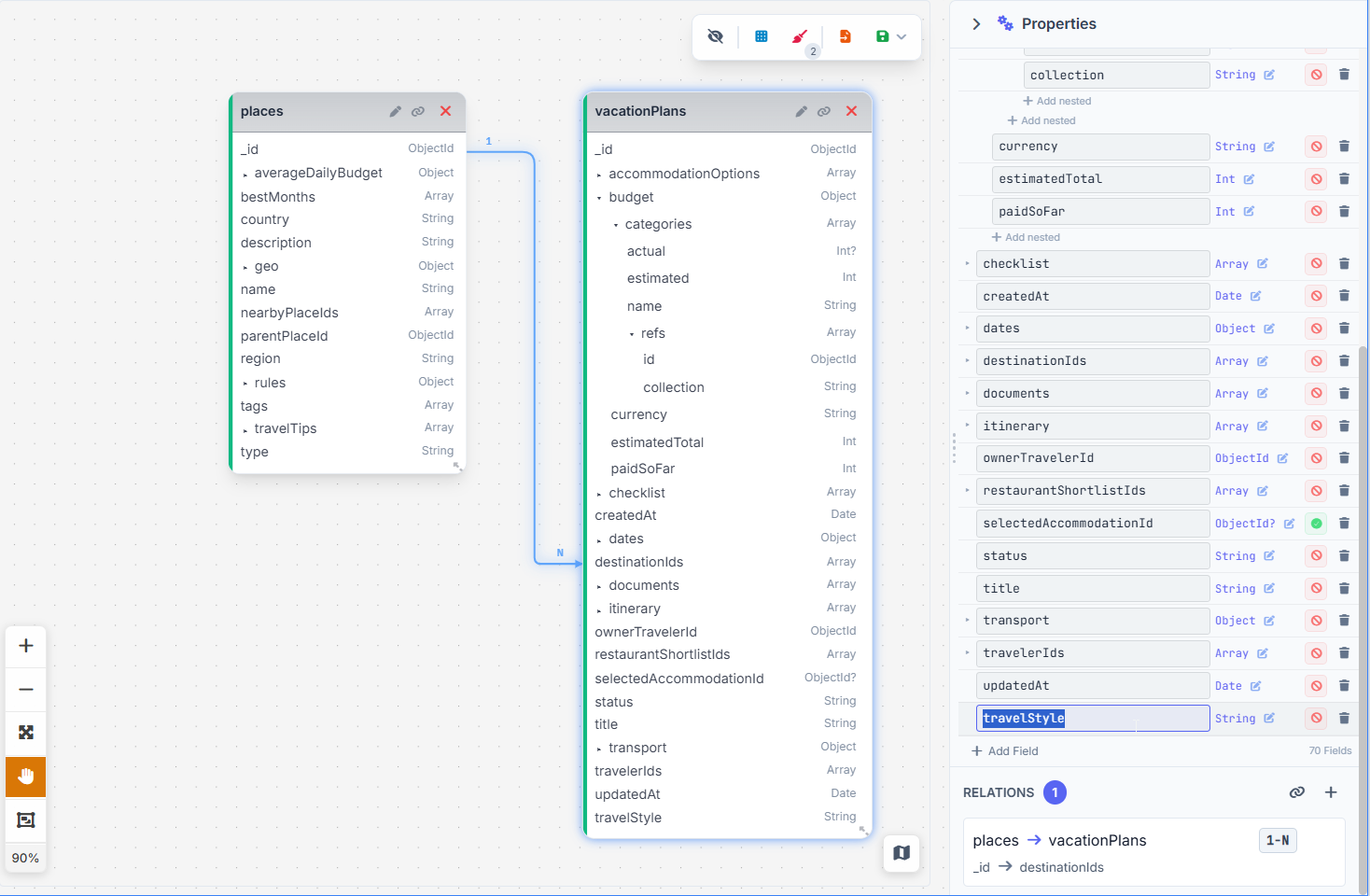 Editing the vacationPlans MongoDB schema in VisuaLeaf by adding the optional travelStyle field with the String BSON type.