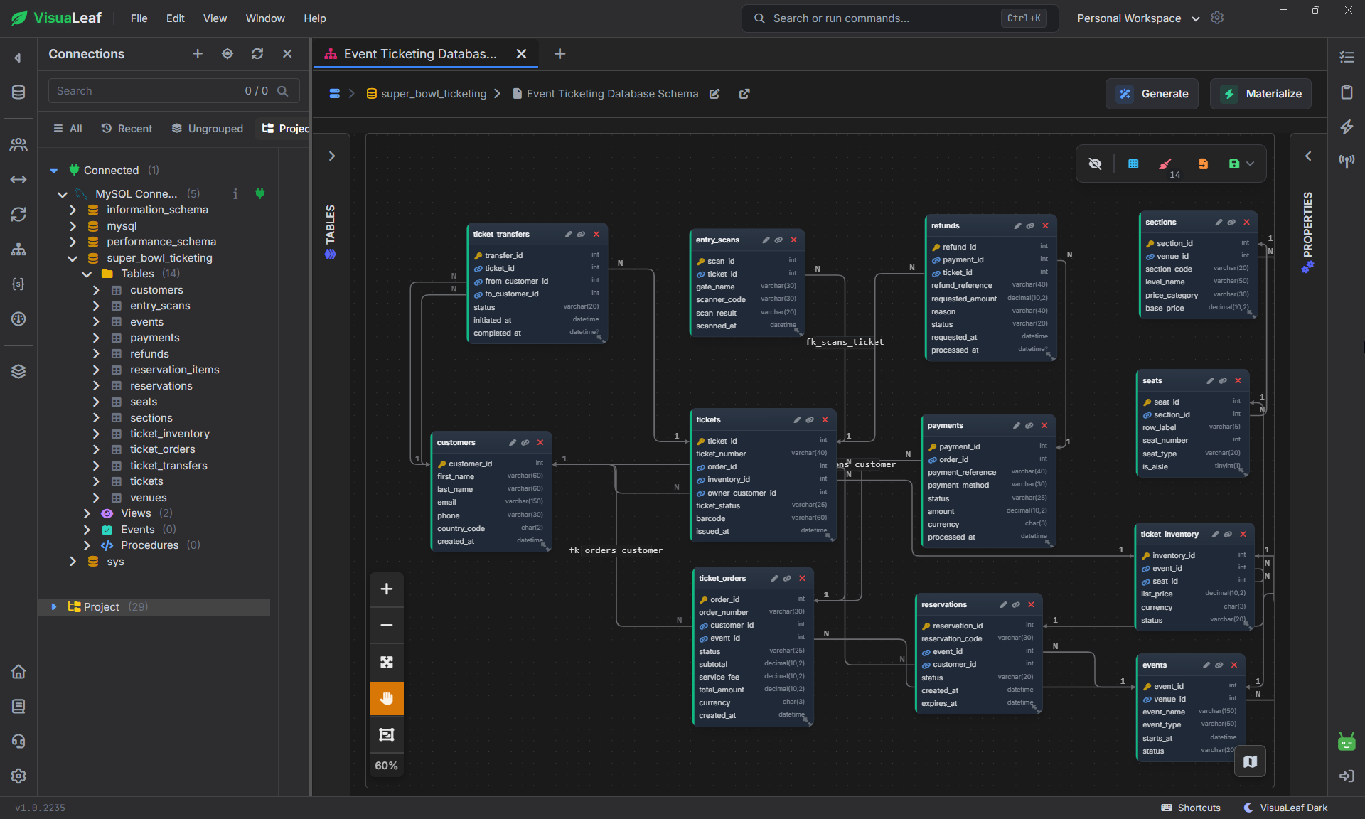 Complete ER diagram of a 14-table MySQL event ticketing database.