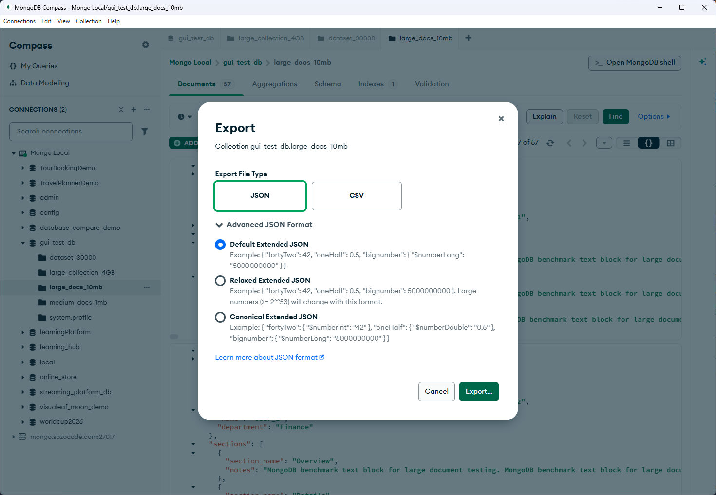 MongoDB Compass Export Data window showing JSON and CSV as the available collection export formats.