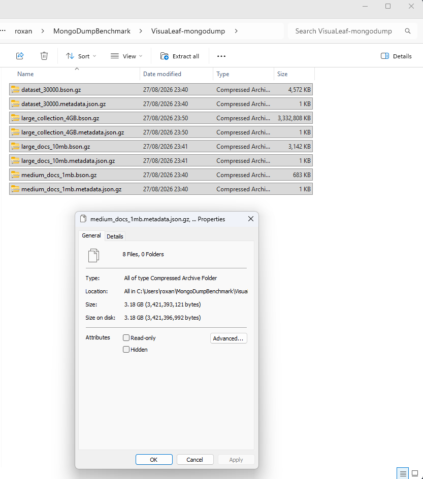 Windows Explorer showing four bson.gz files and four metadata.json.gz files from gui_test_db, totaling 3.18 GB.
