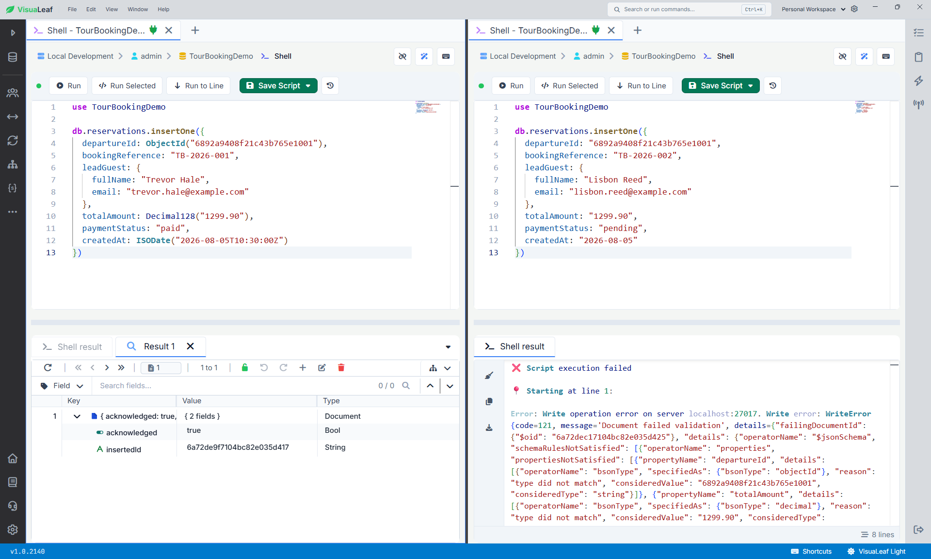 Split-screen MongoDB shell in VisuaLeaf showing a valid reservation inserted successfully and an invalid reservation rejected by JSON Schema validation because several BSON types do not match.